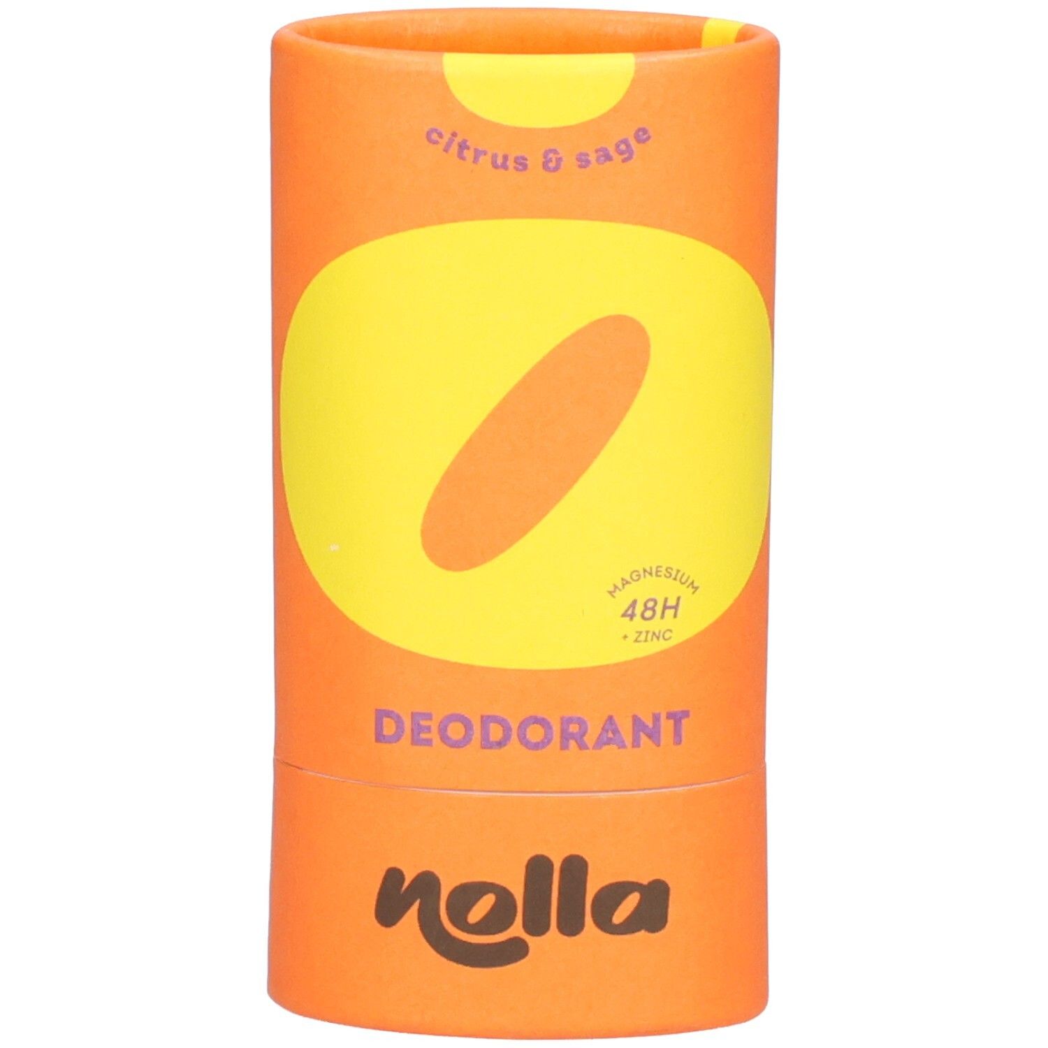 Déodorant Nolla dans un emballage cylindrique orange avec un cercle jaune et une forme ovale. "DEODORANT" et "nolla" sont visibles.