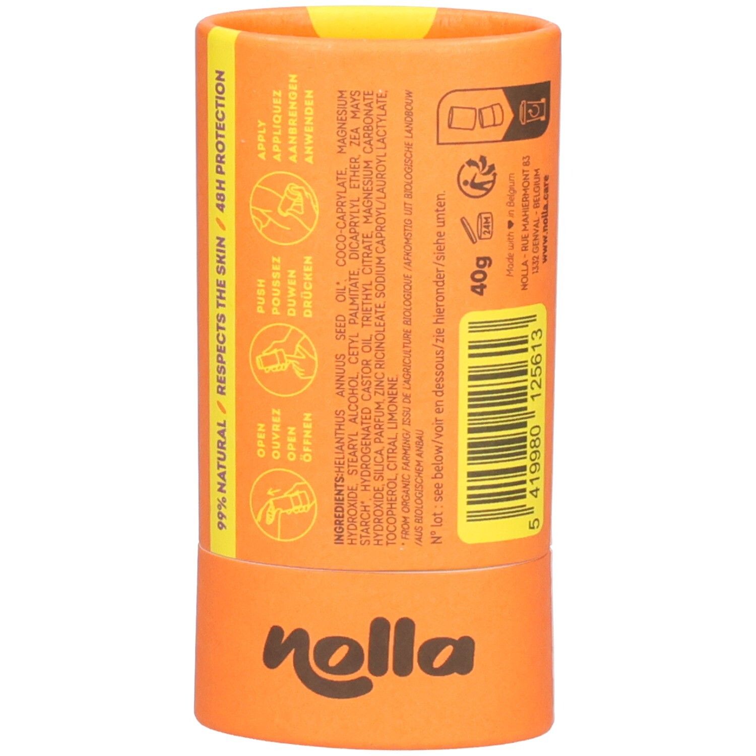 Arrière de l'emballage du déodorant Nolla avec ingrédients, indication 40g et instructions d'application. "nolla" est visible.