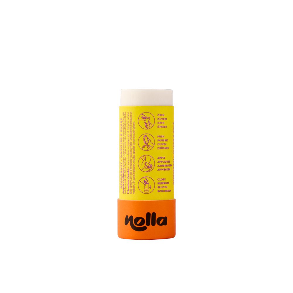 Arrière de l'emballage du déodorant Nolla avec ingrédients, indication 40g et instructions d'application. "nolla" est visible.