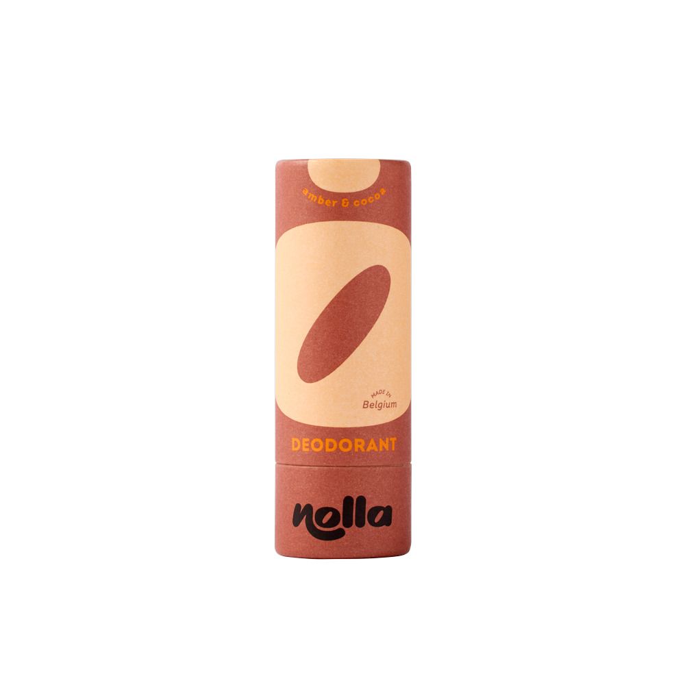 Déodorant Nolla Ambre & Cacao dans un emballage en carton brun, vue debout.