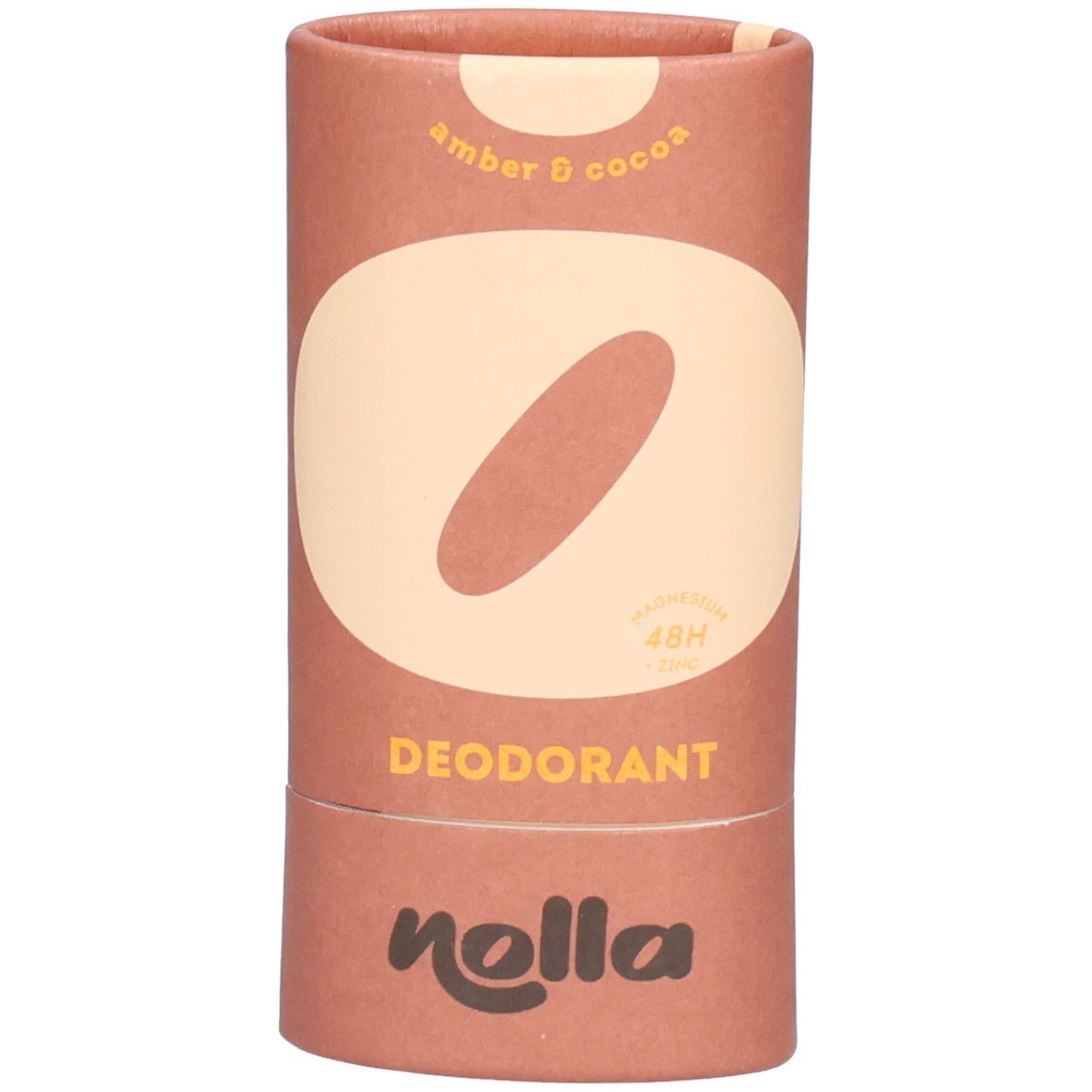 Déodorant Nolla Ambre & Cacao dans un emballage en carton brun avec un cercle clair et un design ovale.