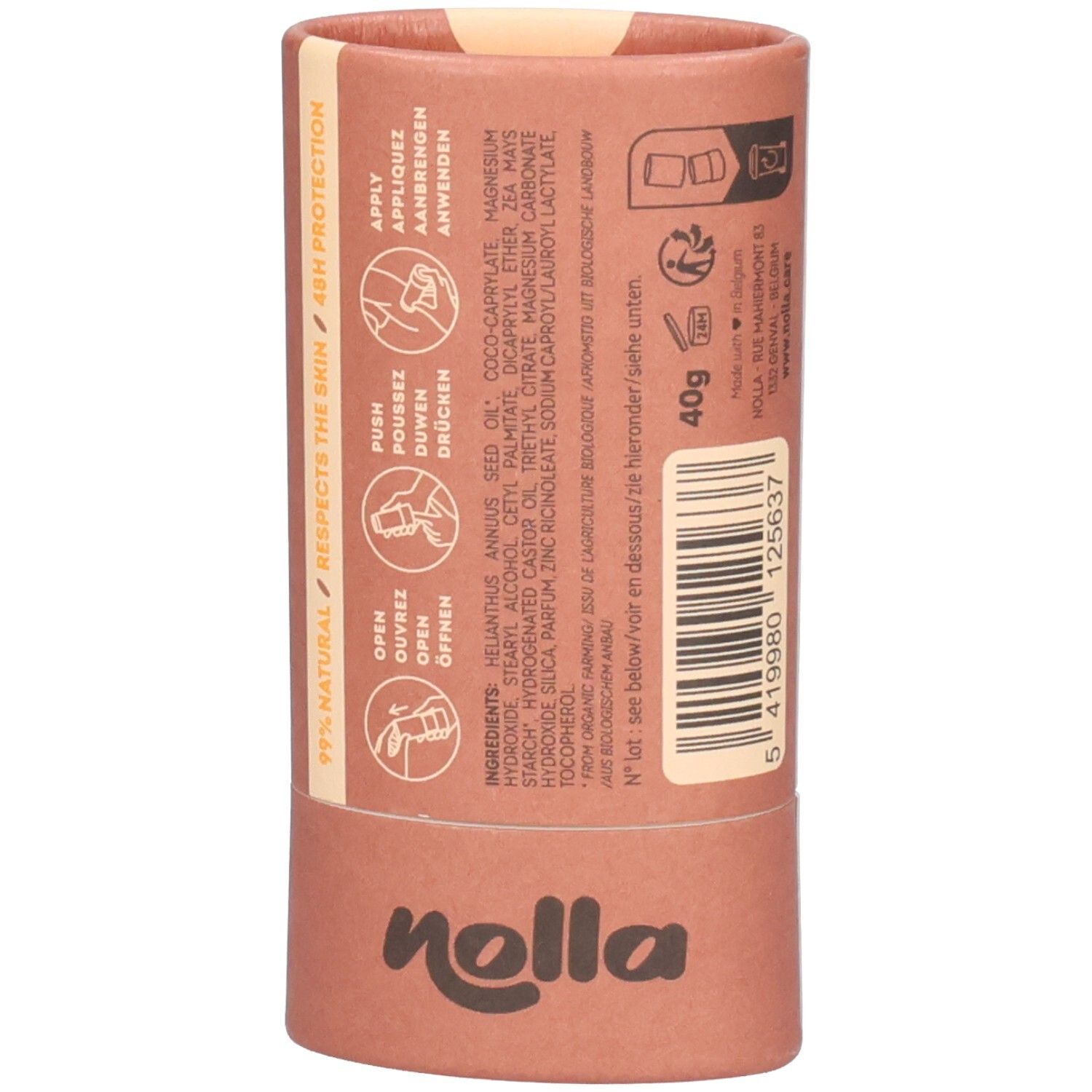 Dos de l'emballage du déodorant Nolla avec ingrédients, instructions d'application et indication de 40g.
