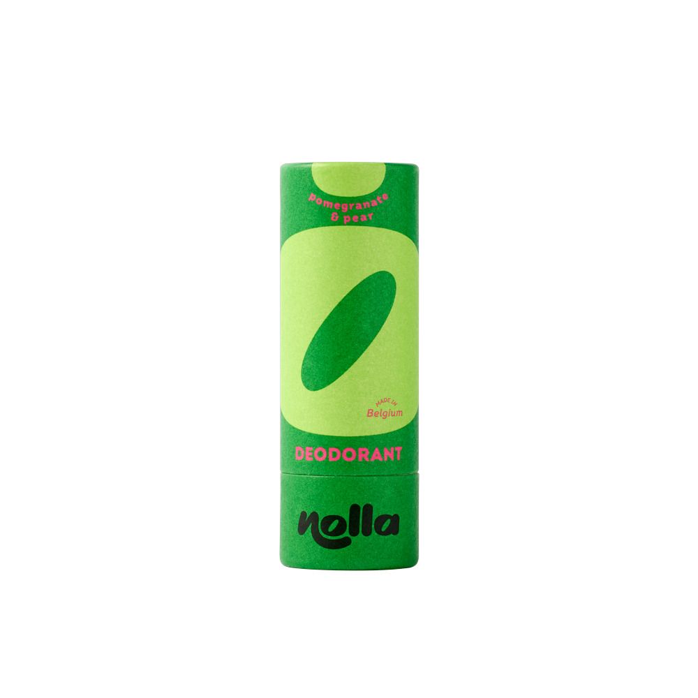 Déodorant Nolla parfum Poire & Grenade. Emballage vert avec grand symbole 'O' et informations produit.