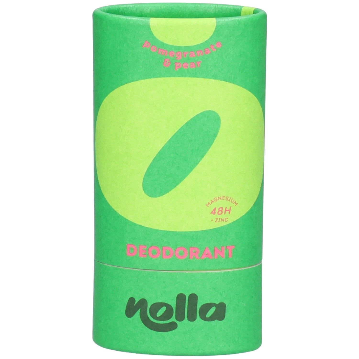 Déodorant Nolla parfum Poire & Grenade. Emballage vert avec grand symbole 'O' et informations produit.