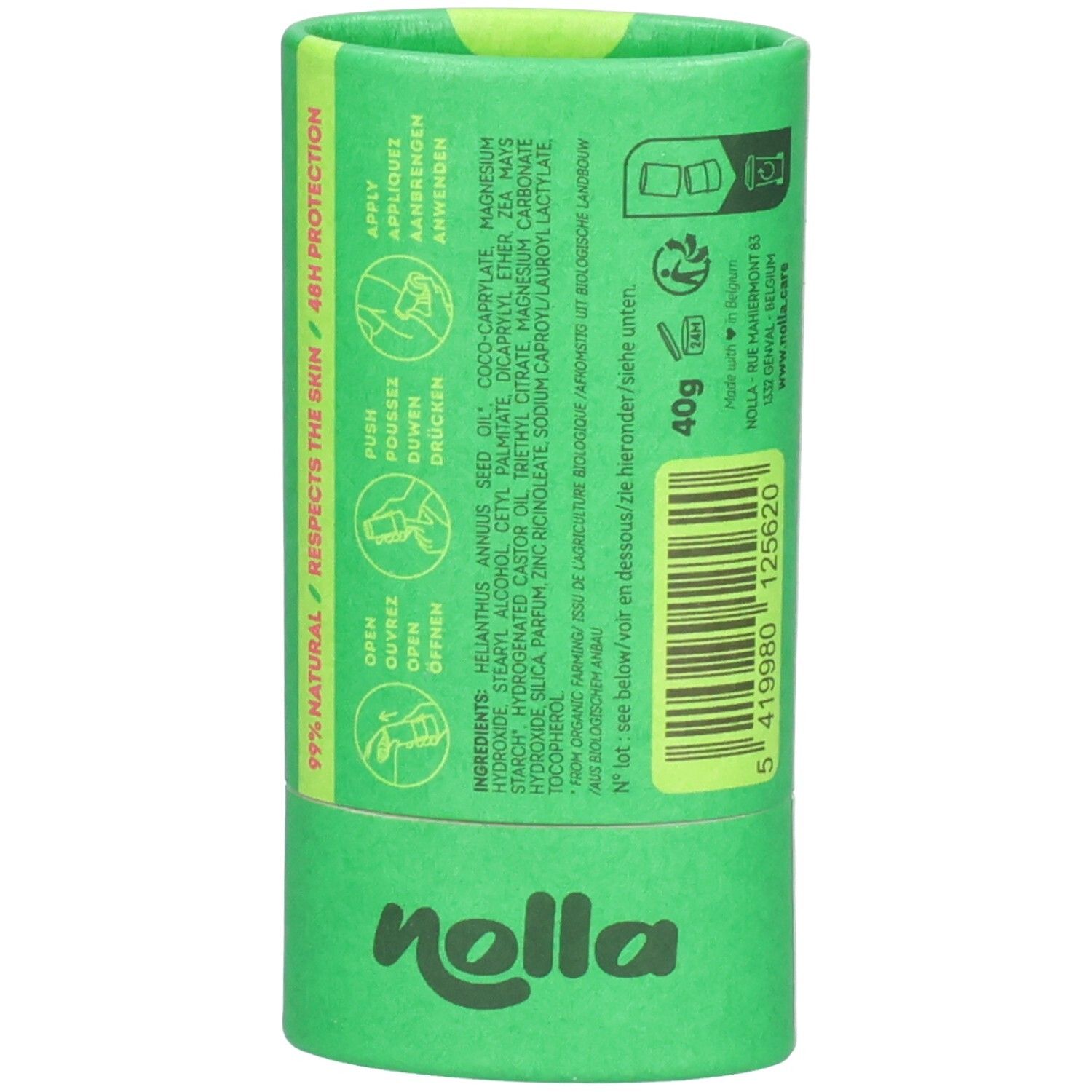 Arrière de l'emballage du déodorant Nolla. Indique les ingrédients, les instructions d'utilisation et le poids de 40g.
