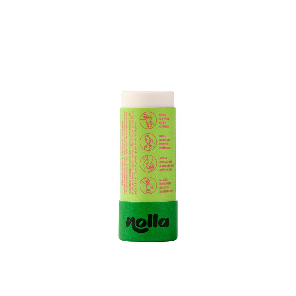 Arrière de l'emballage du déodorant Nolla. Indique les ingrédients, les instructions d'utilisation et le poids de 40g.