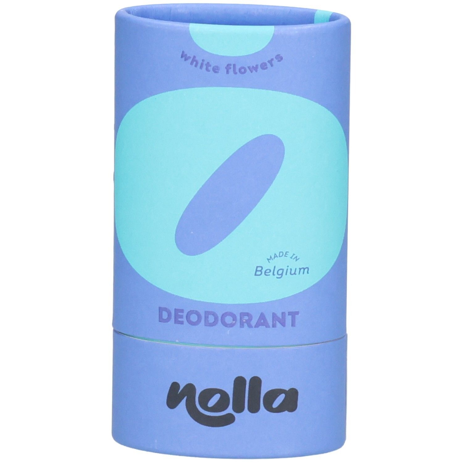 Déodorant Nolla dans un cylindre en carton bleu avec des formes abstraites bleu-blanc. "DEODORANT" et "nolla" sont visibles.