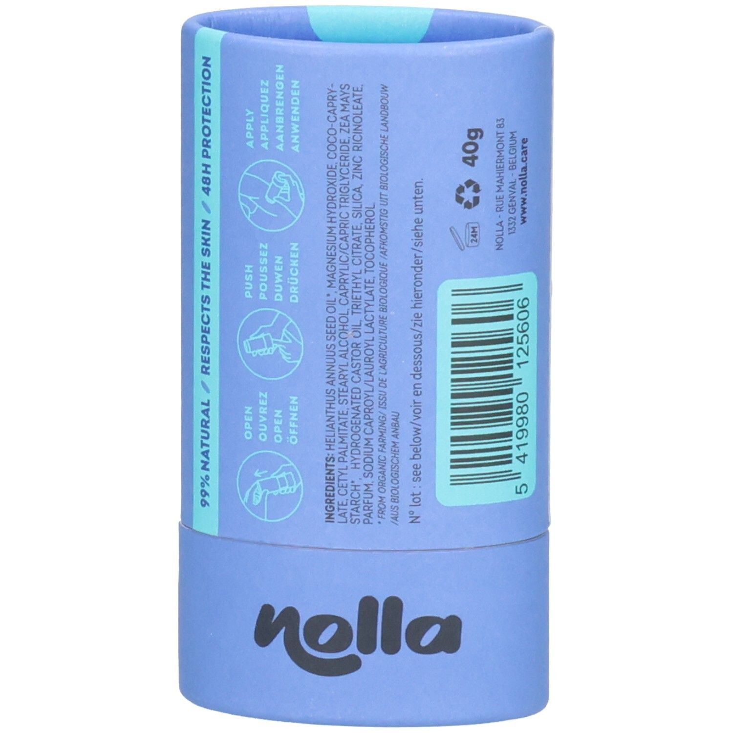 Arrière du cylindre de déodorant Nolla. Contient des instructions, des ingrédients et "40g". "nolla" est visible en bas.