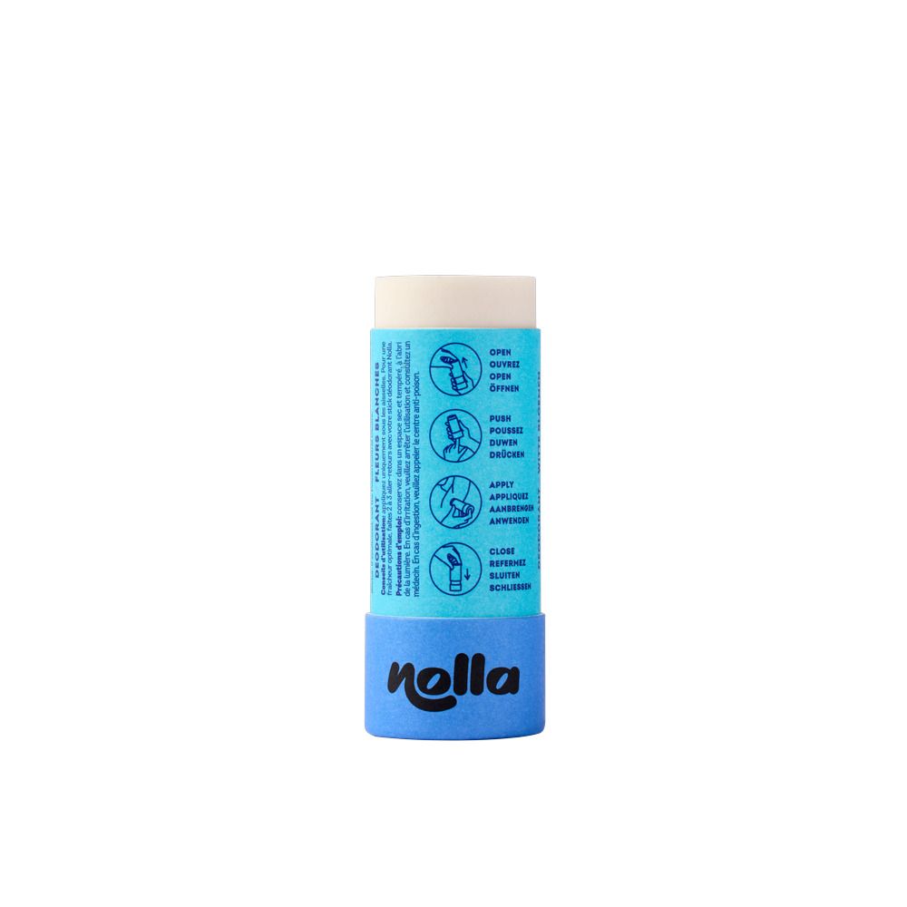 Arrière du cylindre de déodorant Nolla. Contient des instructions, des ingrédients et "40g". "nolla" est visible en bas.