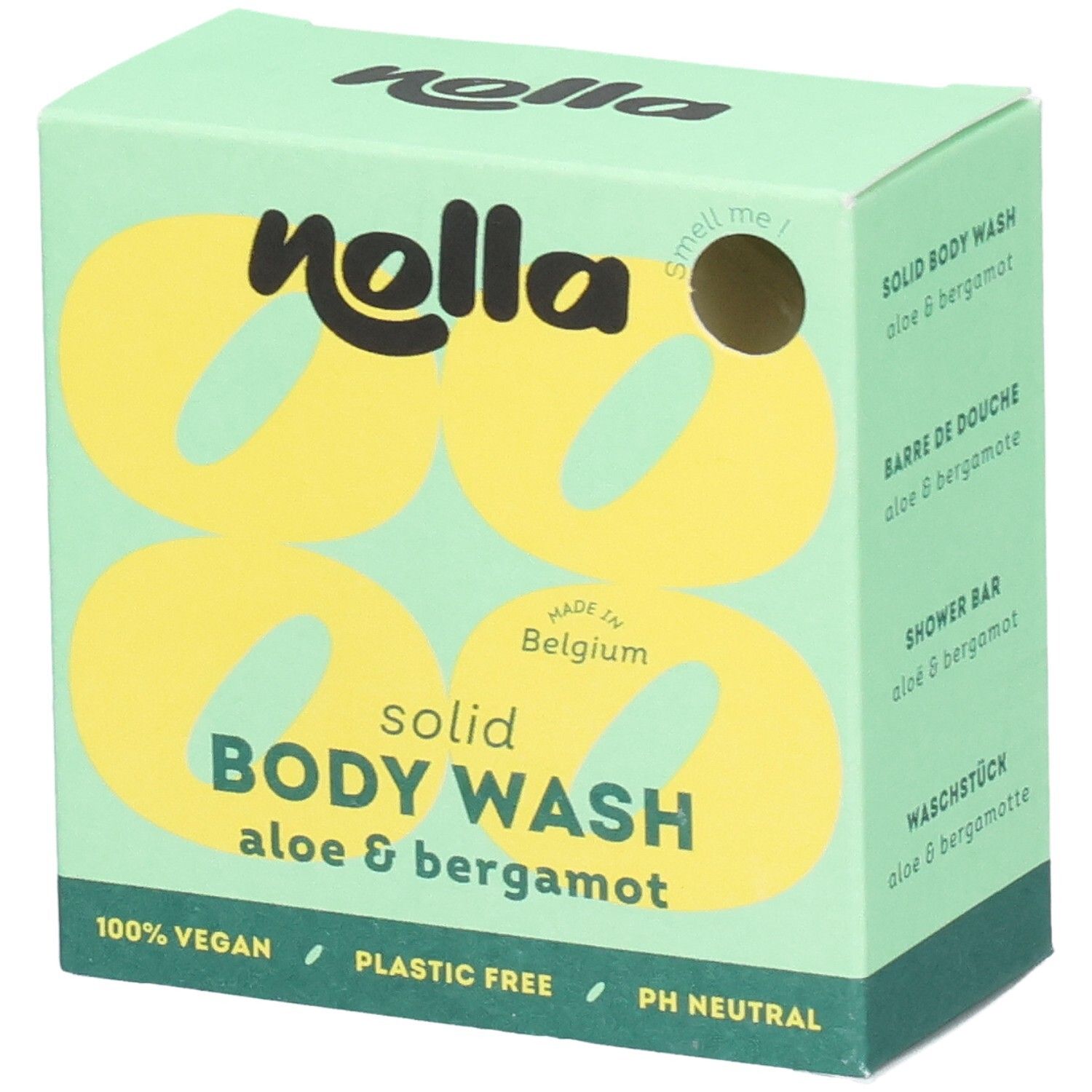 Savon corps solide Nolla Aloe & Bergamote, 100% vegan, sans plastique, pH neutre.