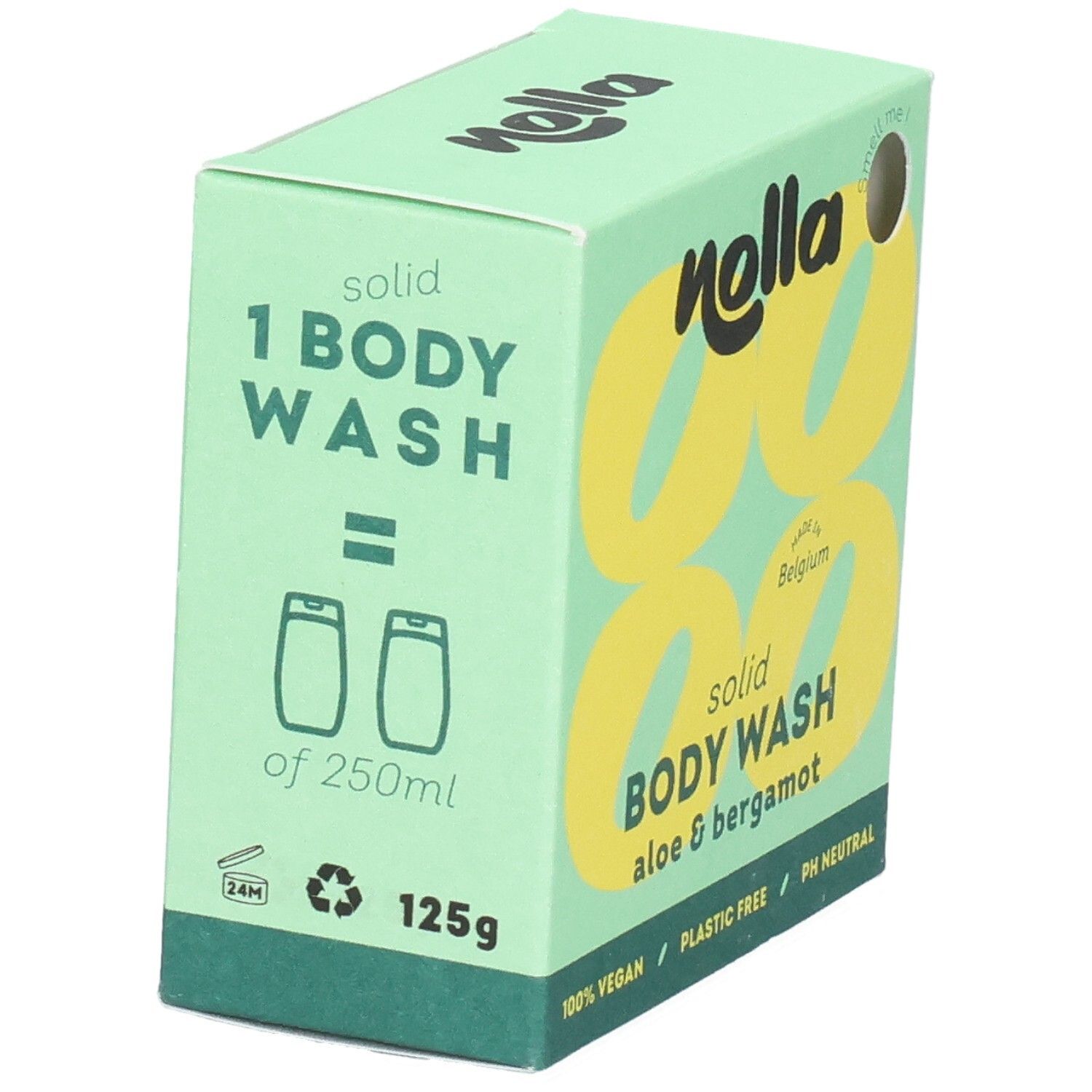 Savon corps solide Nolla, 125g. 1 pièce équivaut à 250ml de savon liquide. Vegan, sans plastique.