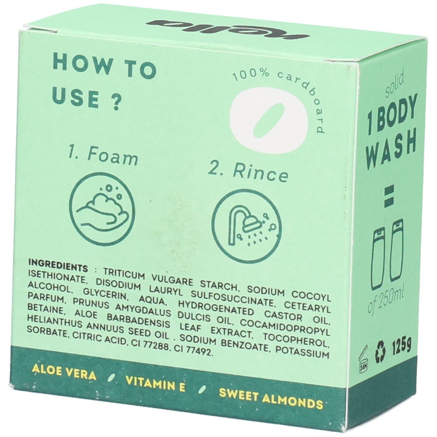 Savon corps solide Nolla : mode d'emploi, ingrédients, Aloe Vera, Vitamine E, Amandes douces.