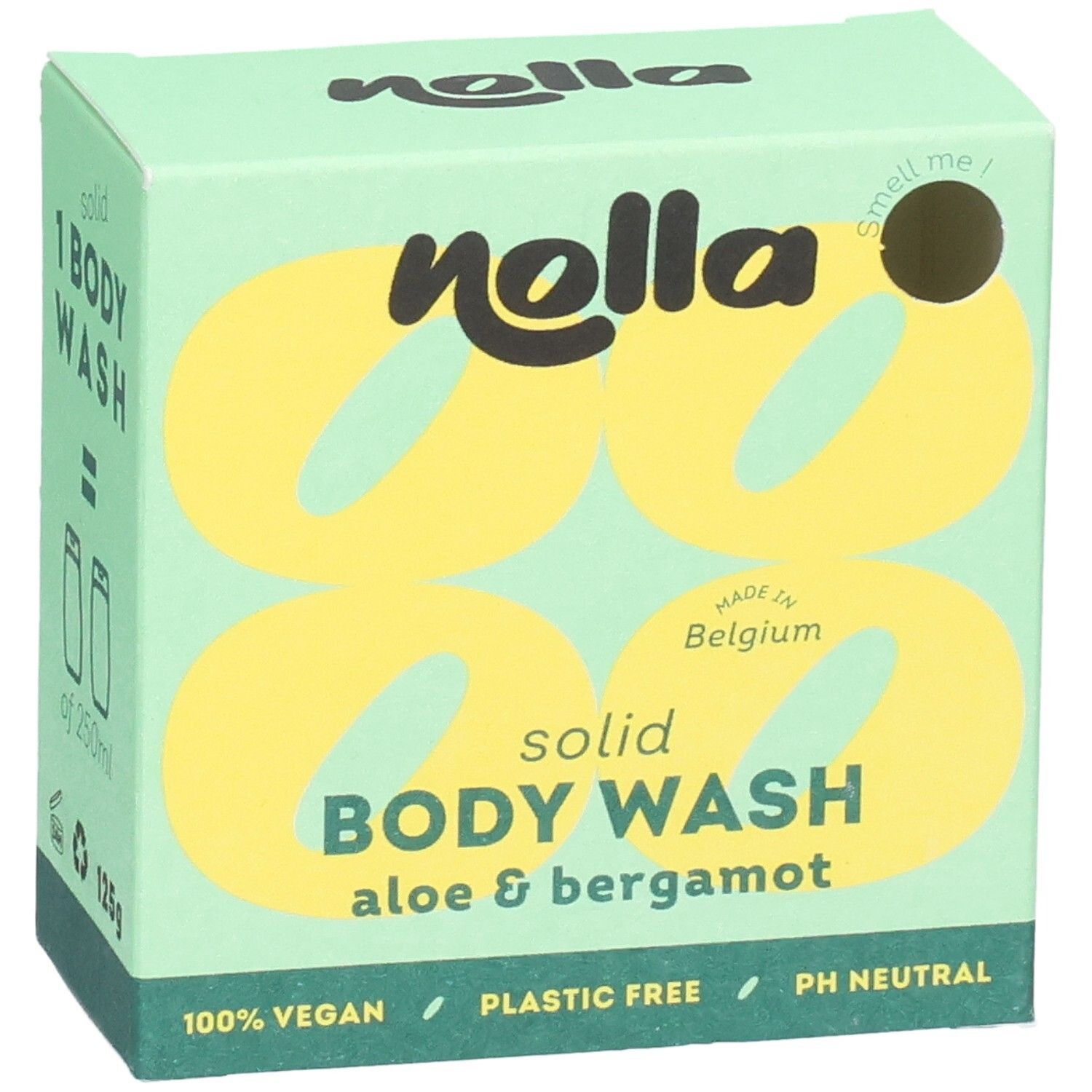 Savon corps solide Nolla Aloe & Bergamote, 125g. 1 pièce équivaut à 250ml de savon liquide.