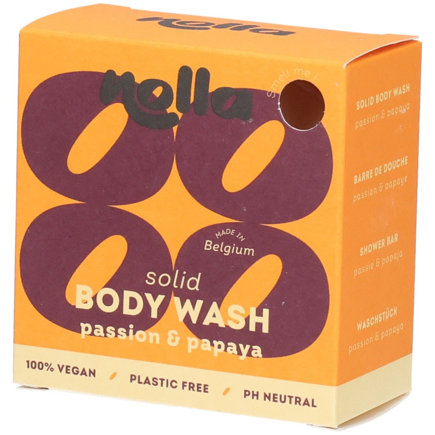 Emballage orange pour savon corps solide, "solid BODY WASH passion & papaya", 100% vegan, sans plastique, pH neutre.