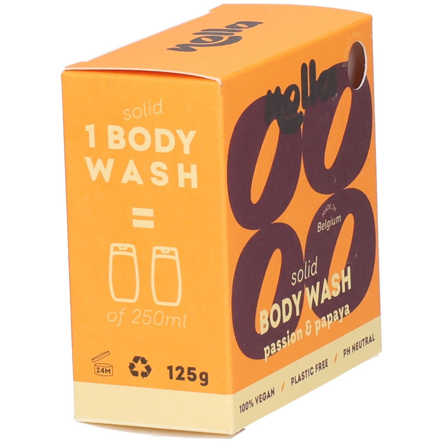 Emballage orange pour savon corps solide, 125g, équivaut à 1 produit de douche de 250ml.