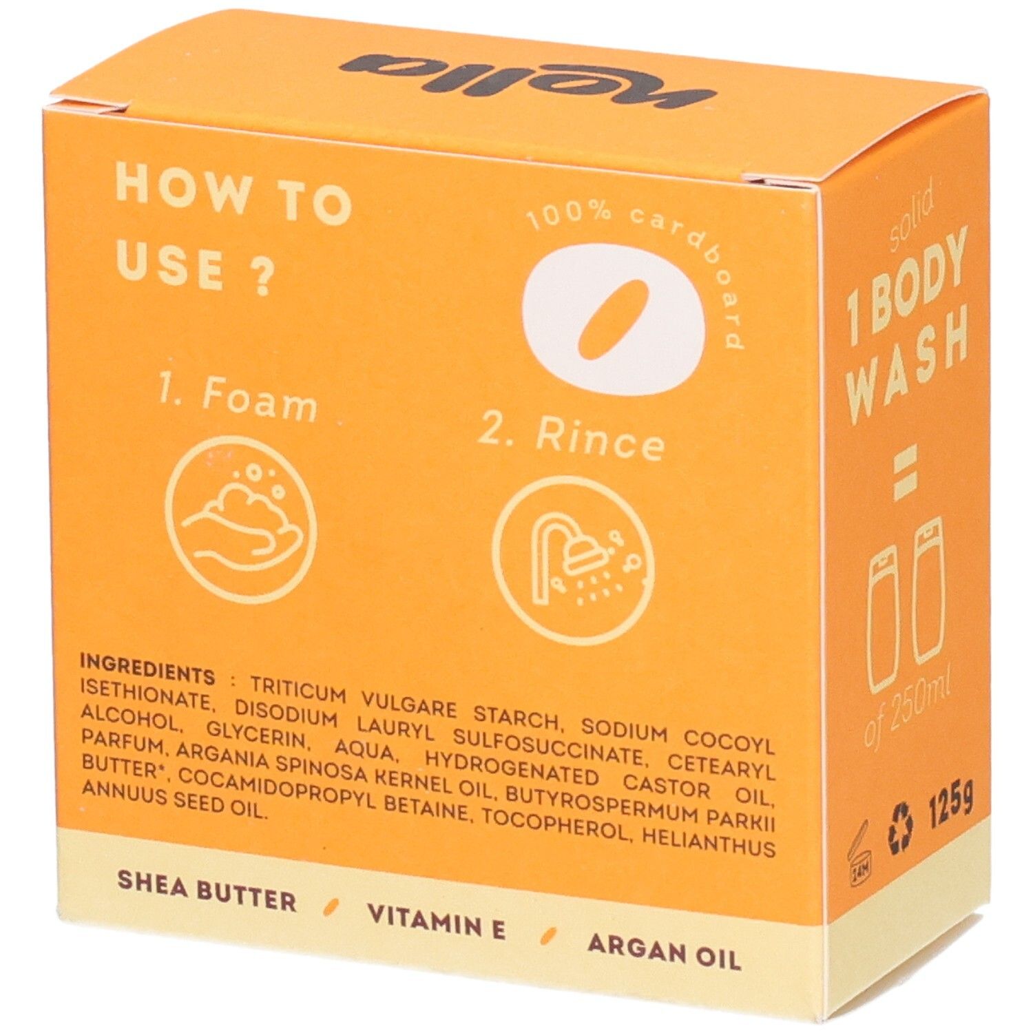 Arrière de l'emballage : instructions d'utilisation, ingrédients, beurre de karité, vitamine E, huile d'argan.