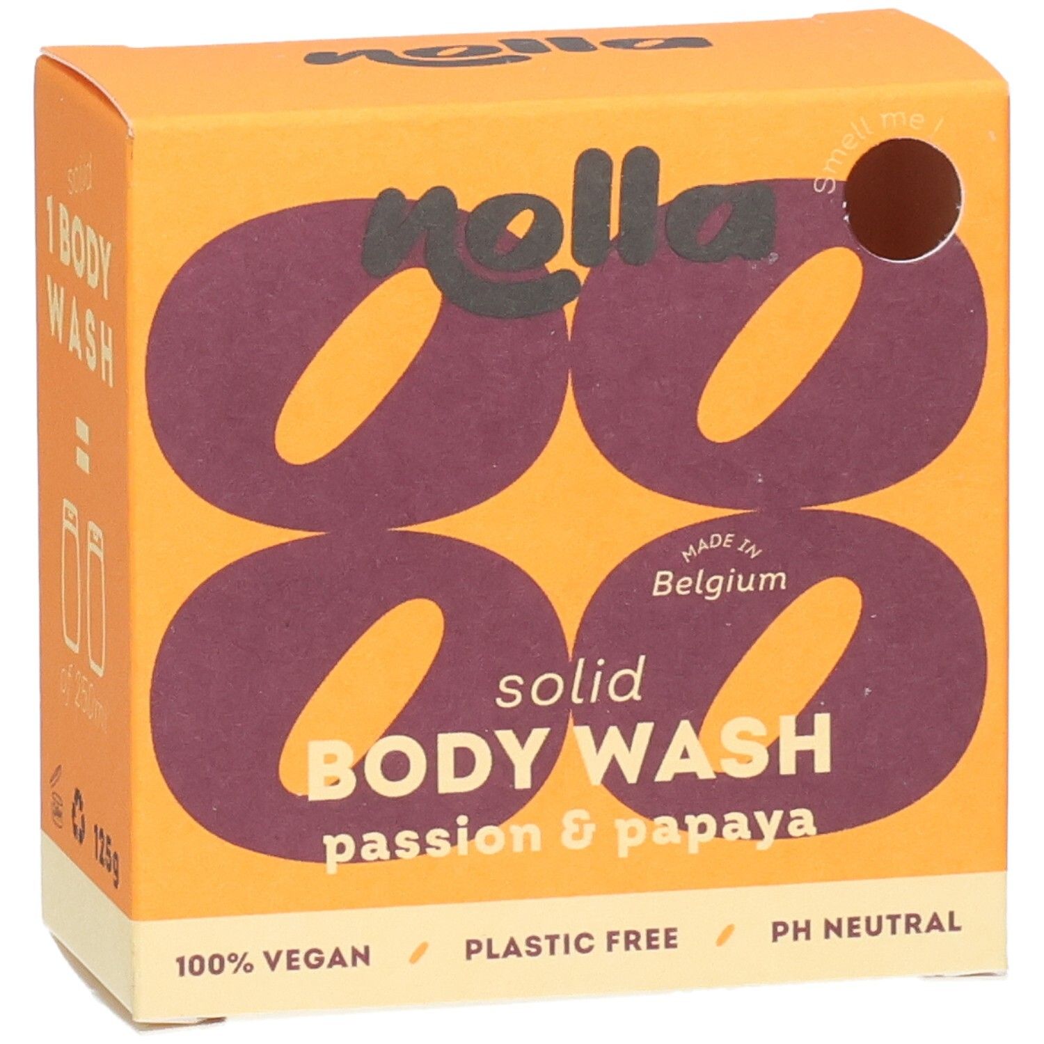 Emballage pour savon corps solide, "solid BODY WASH passion & papaya", 125g, 100% vegan, sans plastique, pH neutre.