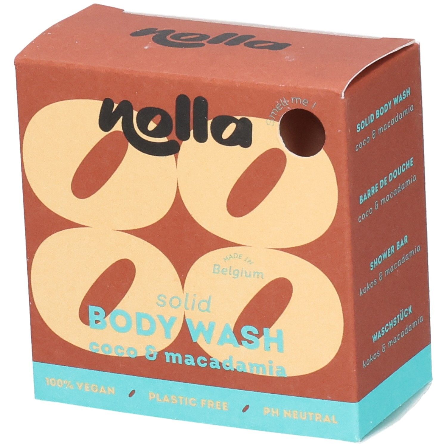Savon corps solide Nolla Coco & Macadamia, 100% vegan, sans plastique, pH neutre.