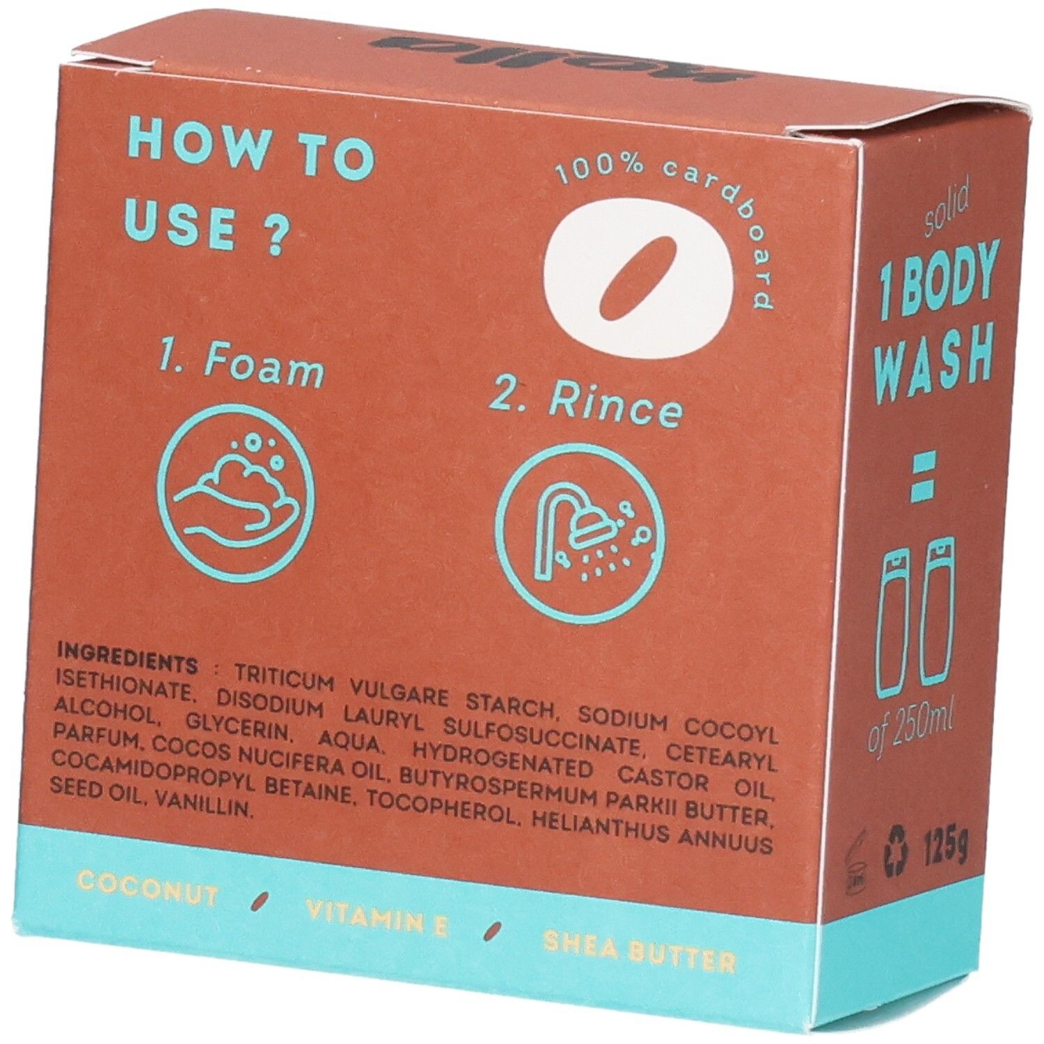 Instructions: Savon corps solide Nolla, faire mousser et rincer. Ingrédients visibles.