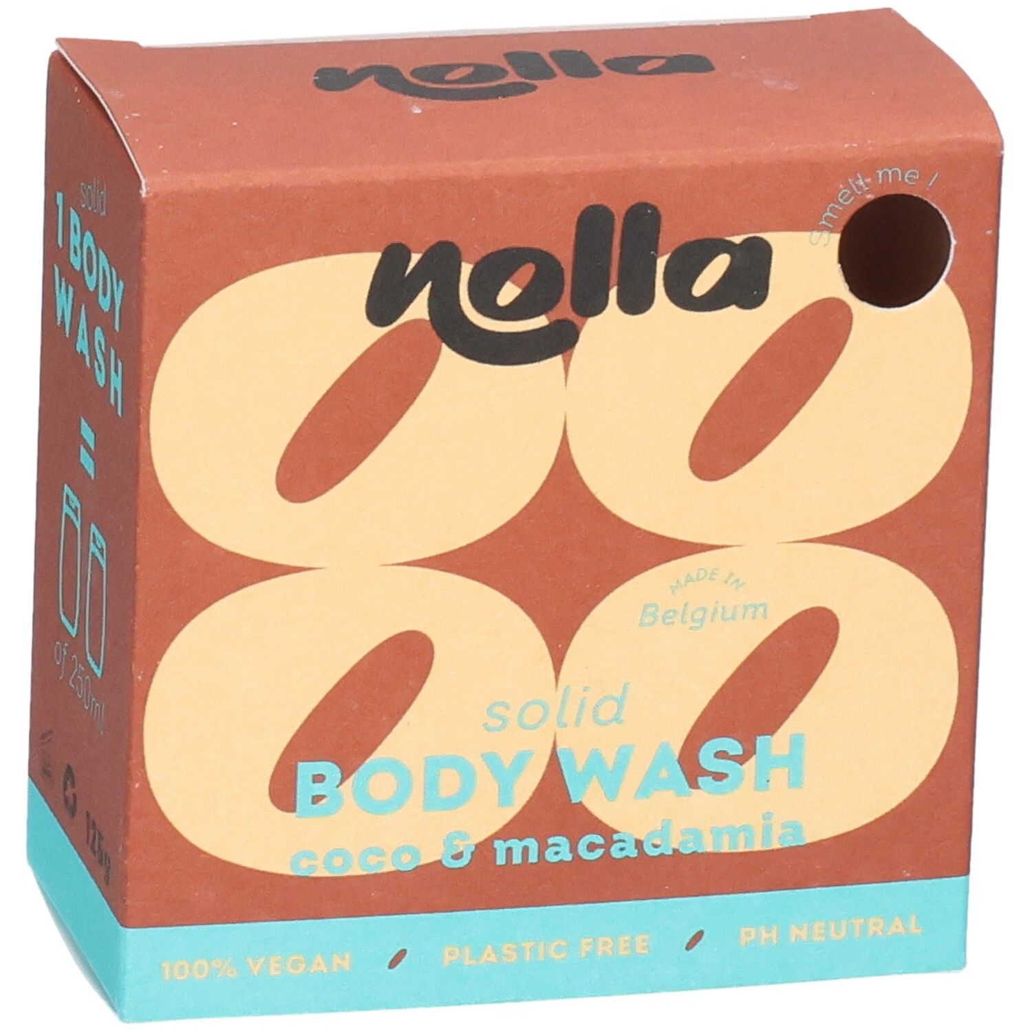 Savon corps solide Nolla Coco & Macadamia, 100% vegan, sans plastique, pH neutre.