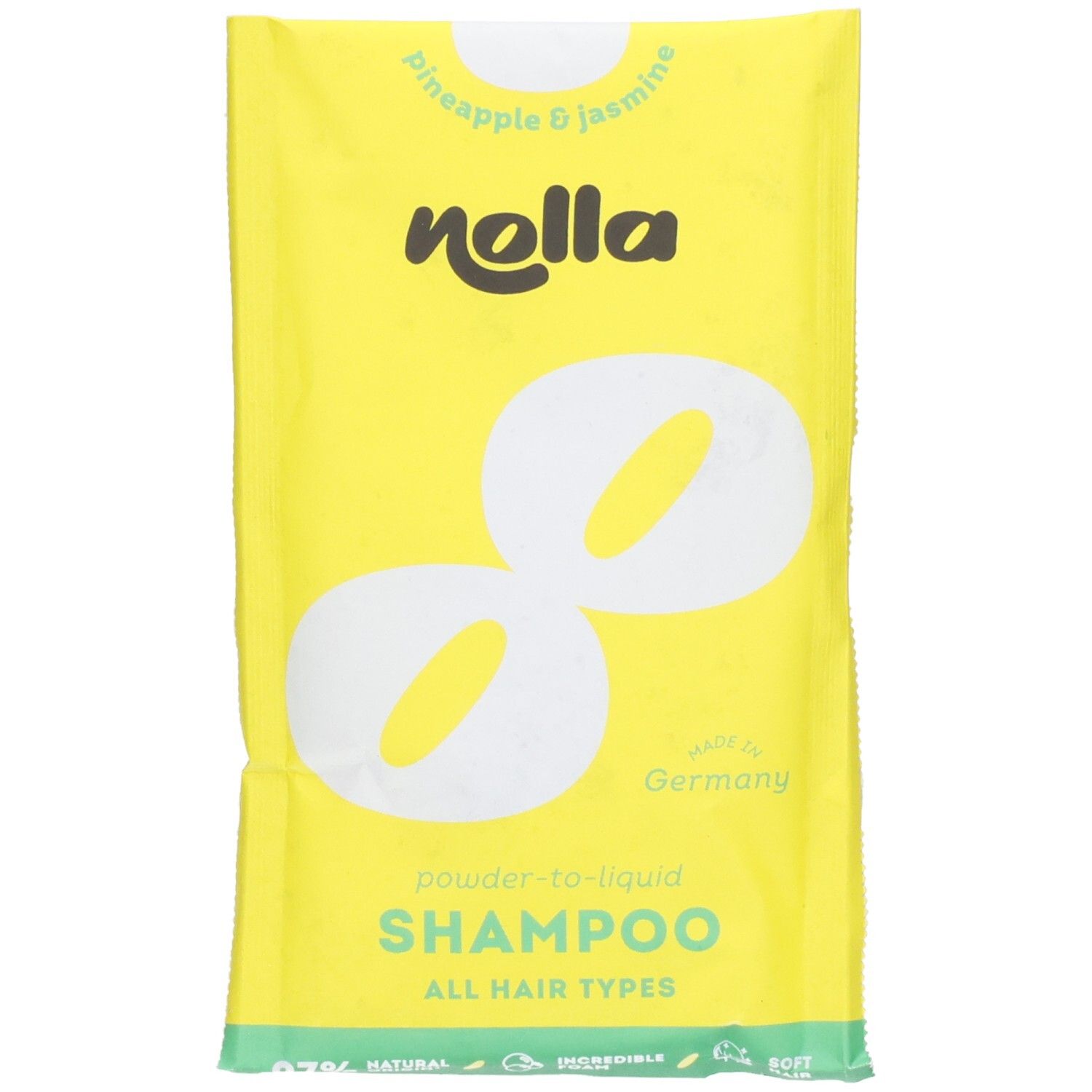 Sachet de shampooing Nolla, parfum Ananas & Jasmin. Formule poudre à liquide pour tous types de cheveux. Fabriqué en Allemagne.