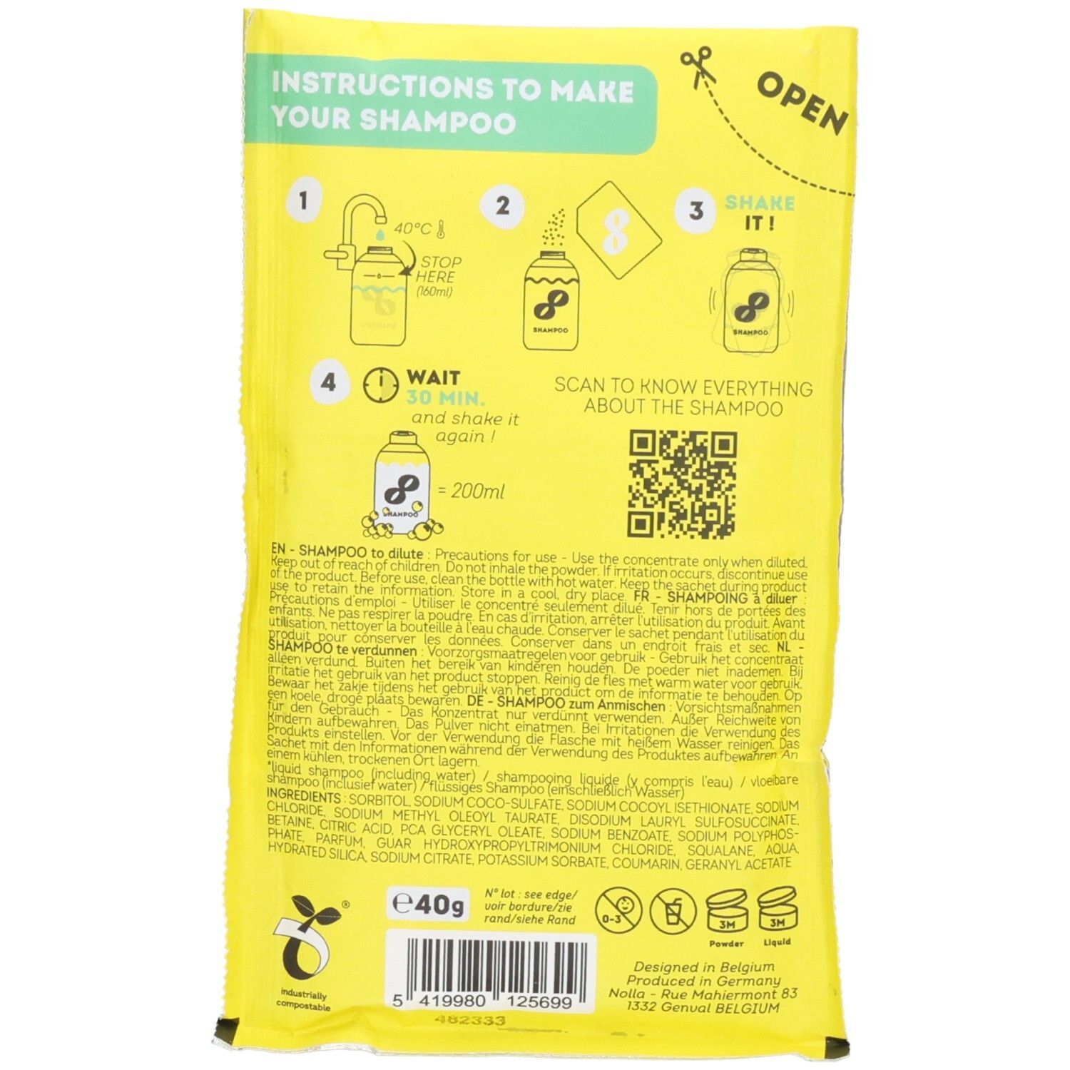 Dos du sachet de shampooing Nolla avec instructions de préparation et ingrédients. Sachet de 40g.