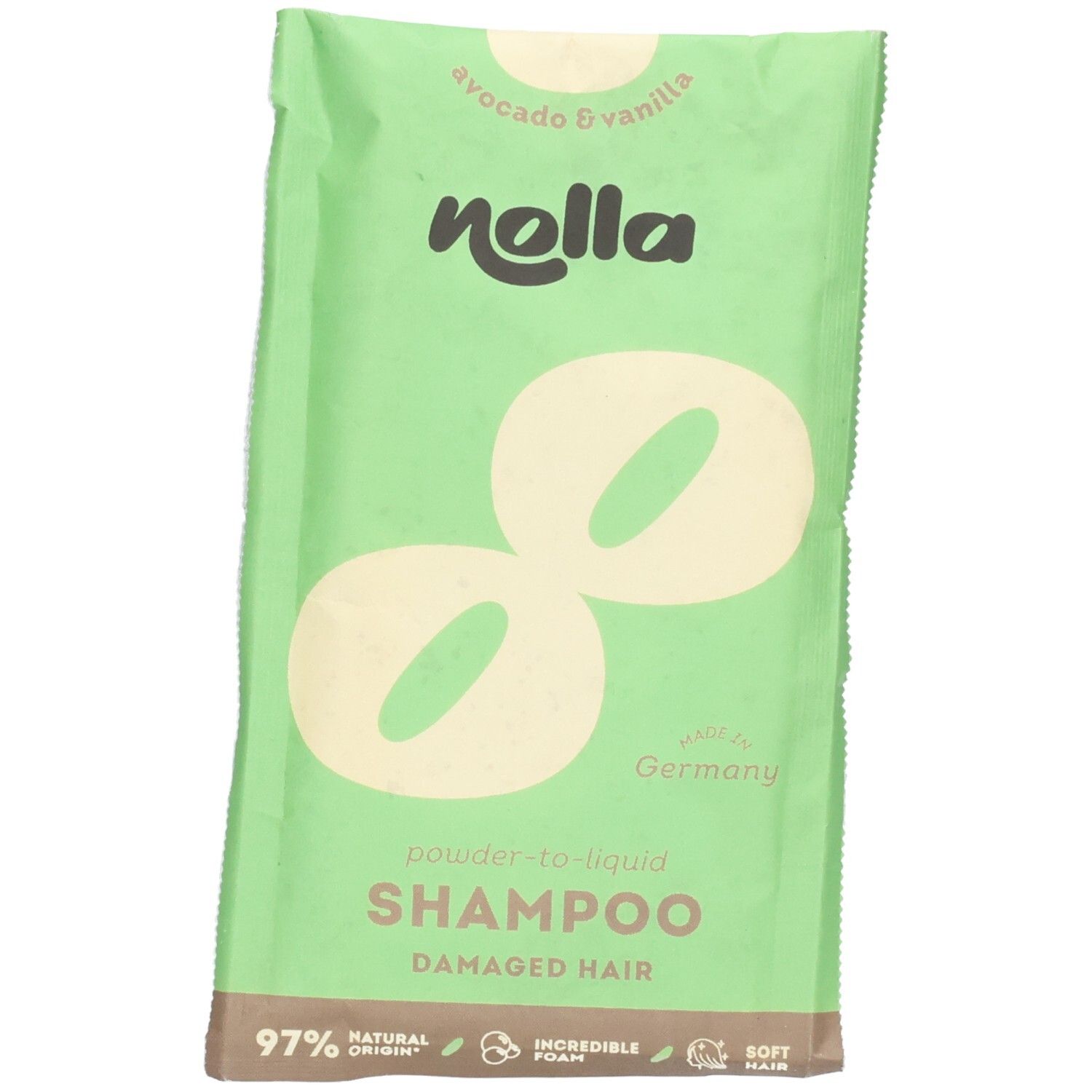 Shampoing Nolla Avocat & Vanille, poudre à liquide, pour cheveux abîmés.