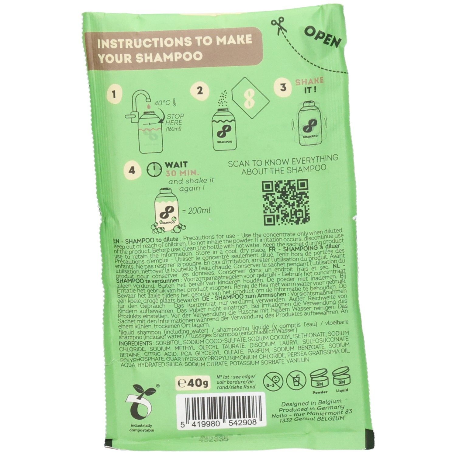 Shampoing Nolla Avocat & Vanille, verso avec instructions de préparation et ingrédients.