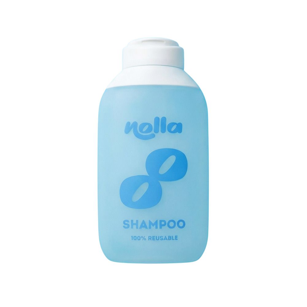 Flacon de shampooing Nolla bleu clair, réutilisable, avec logo et inscription 'SHAMPOO'.