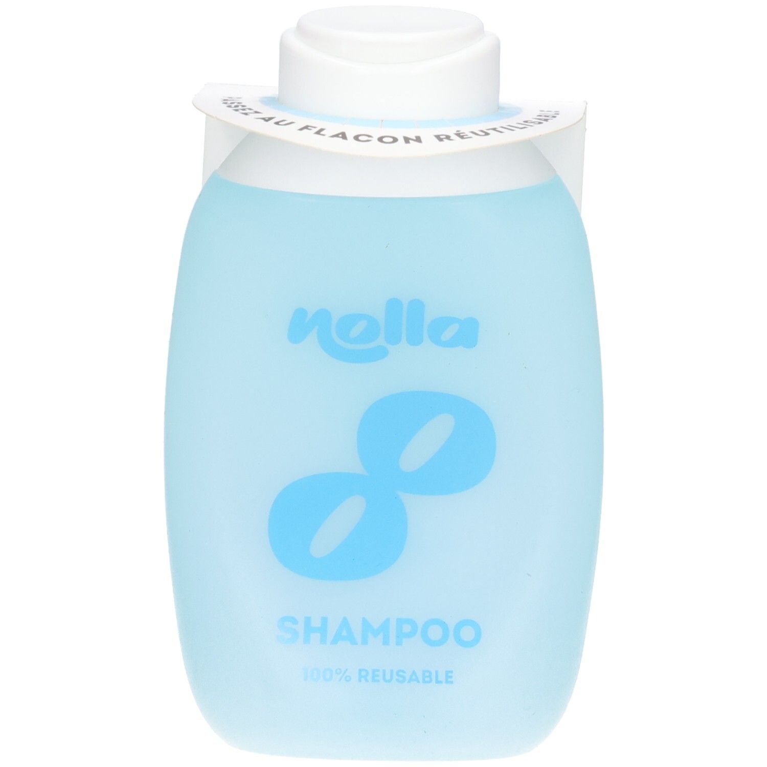 Flacon de shampooing Nolla bleu clair, réutilisable, avec logo et inscription 'SHAMPOO'.