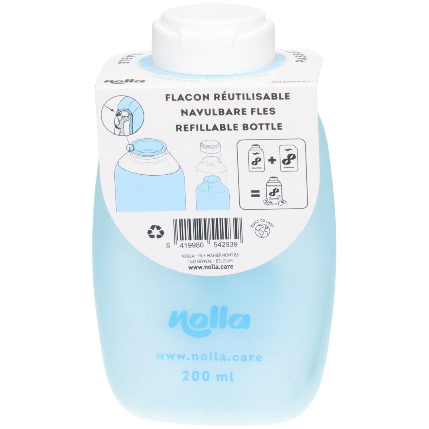 Arrière du flacon de shampooing Nolla bleu clair, réutilisable, avec instructions et indication 200 ml.
