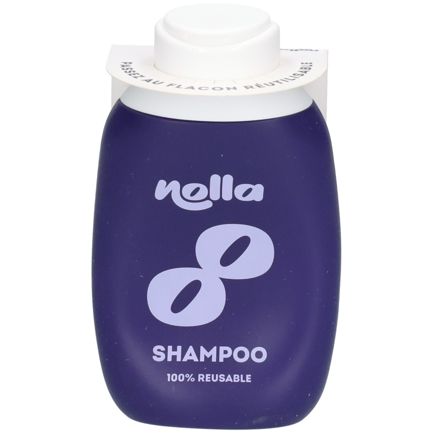 Flacon de shampooing Nolla réutilisable bleu foncé avec bouchon blanc et logo.