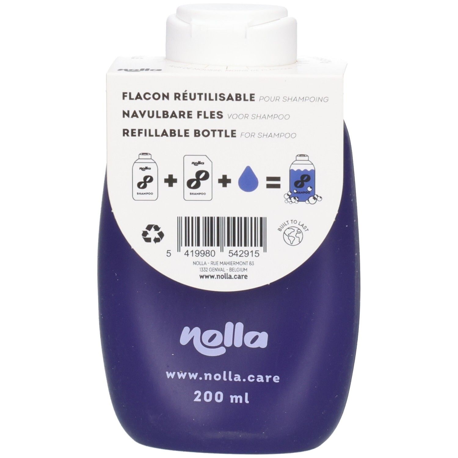 Arrière d'un flacon de shampooing Nolla réutilisable bleu foncé avec informations produit et logo.