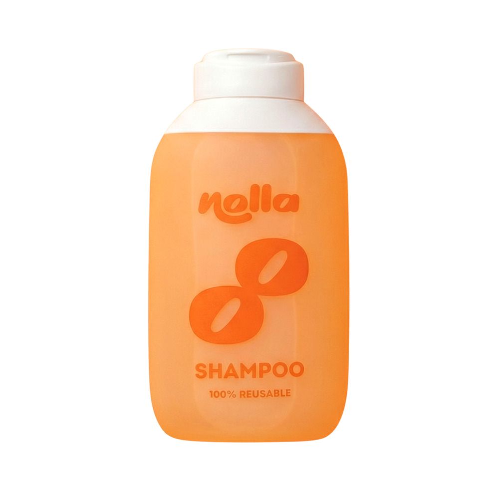 Bouteille de shampooing Nolla orange, 100% réutilisable.