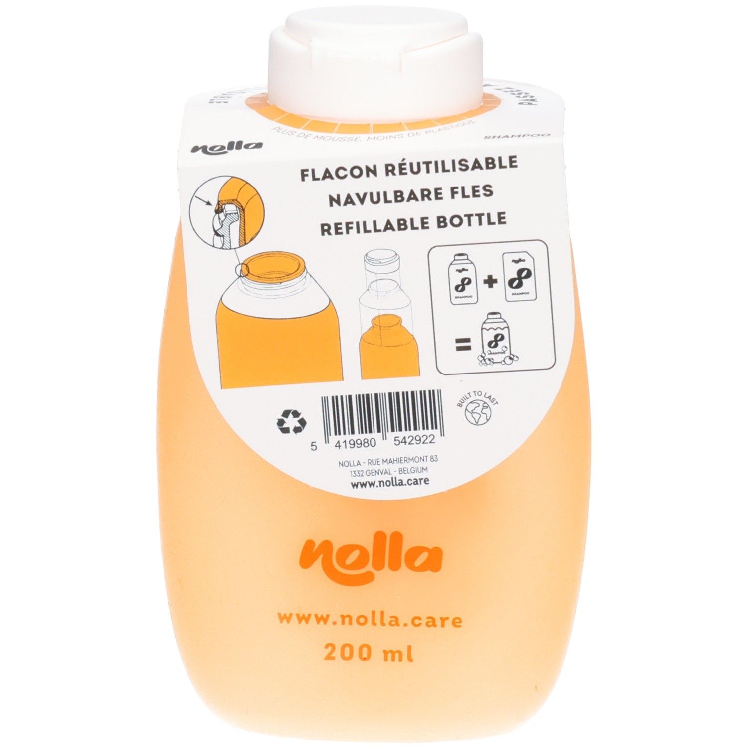 Arrière de la bouteille de shampooing Nolla réutilisable, 200 ml.