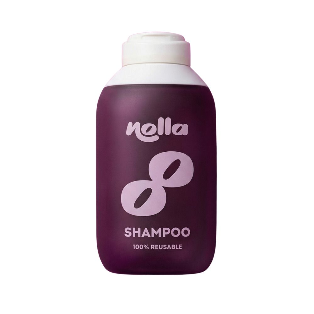Flacon de shampoing Nolla violet avec bouchon blanc et logo "8" lilas. 100% réutilisable.