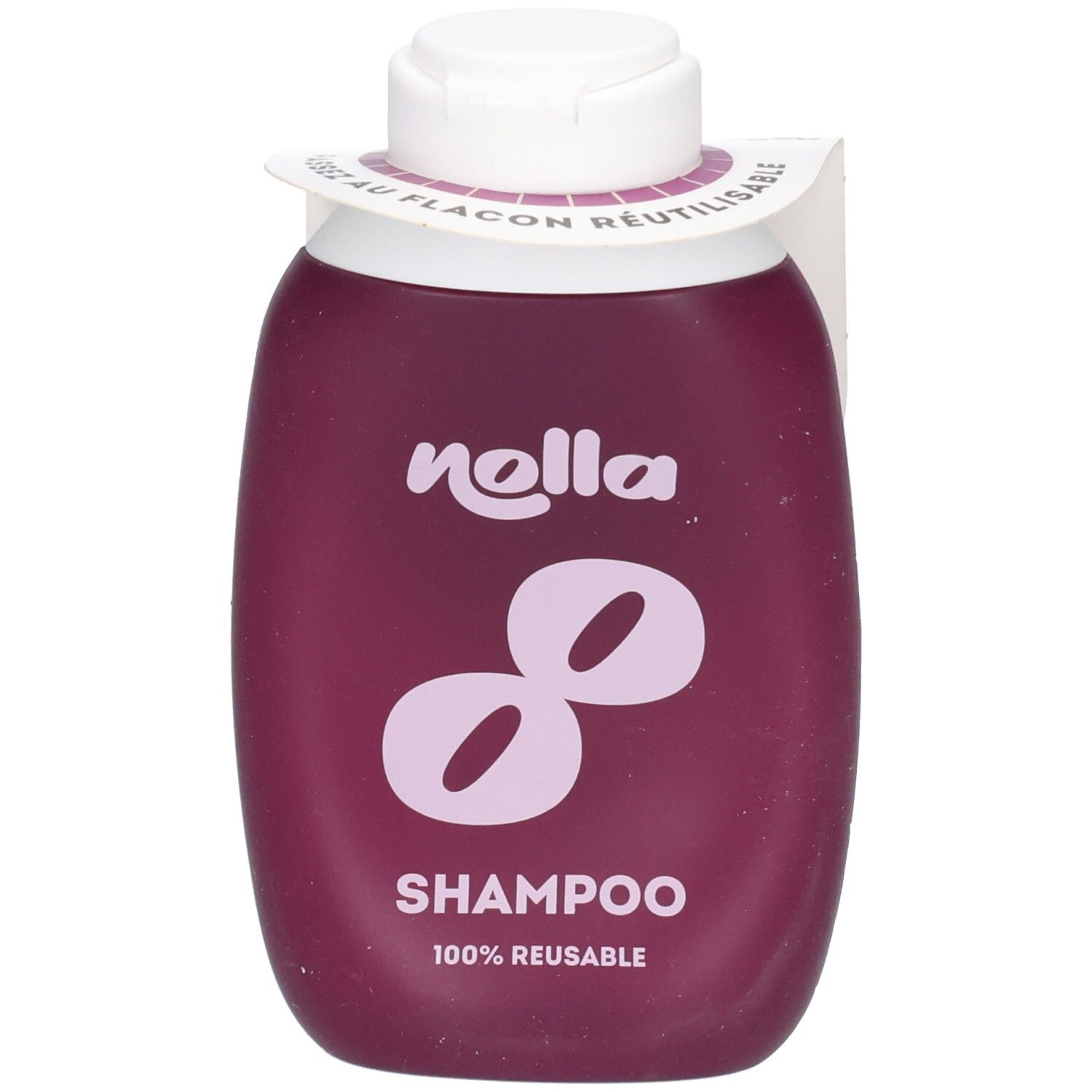 Flacon de shampoing Nolla violet avec bouchon blanc et logo "8" lilas. 100% réutilisable.