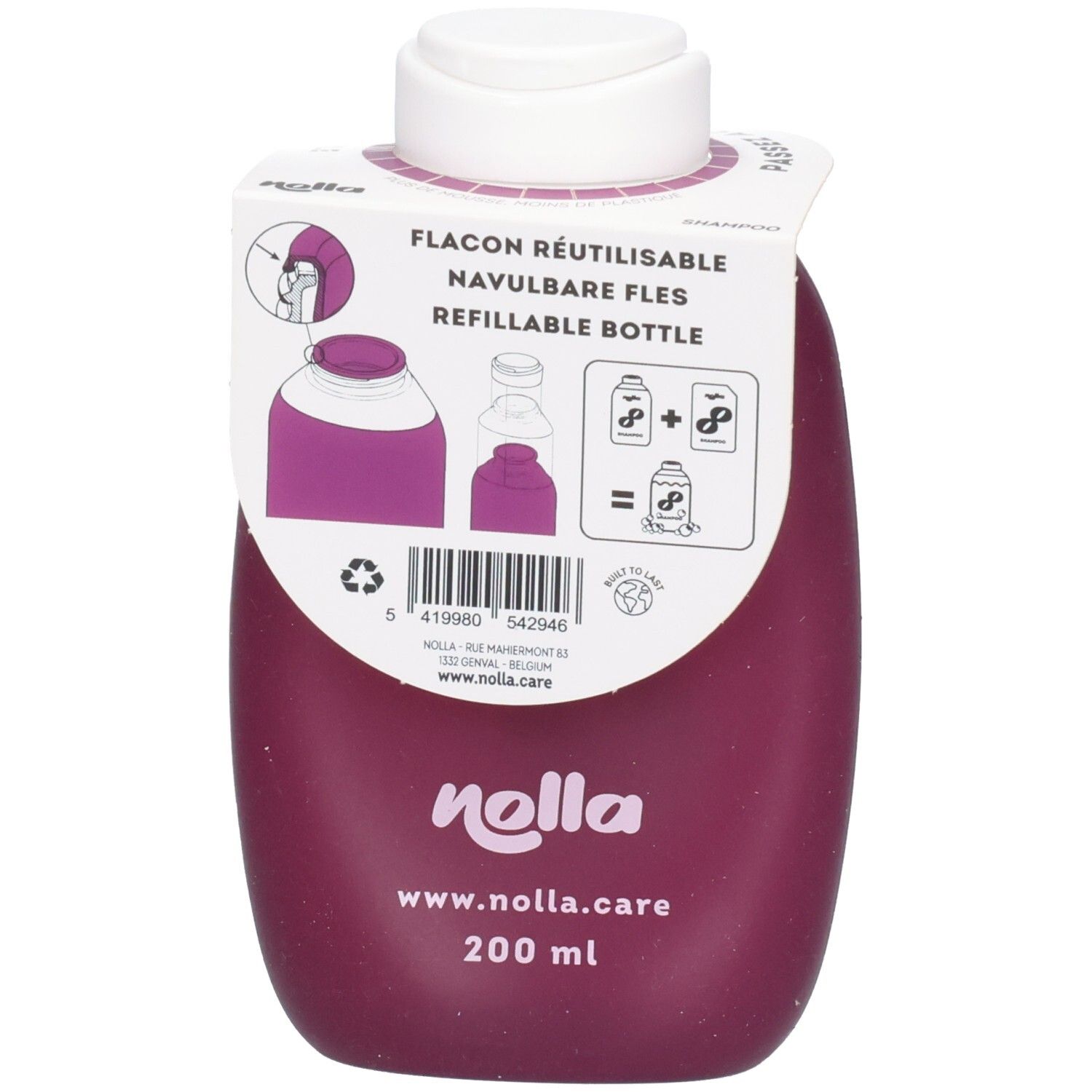 Flacon de shampoing Nolla violet, 200 ml, avec bouchon blanc. Le dos montre des instructions de recharge et un code-barres.