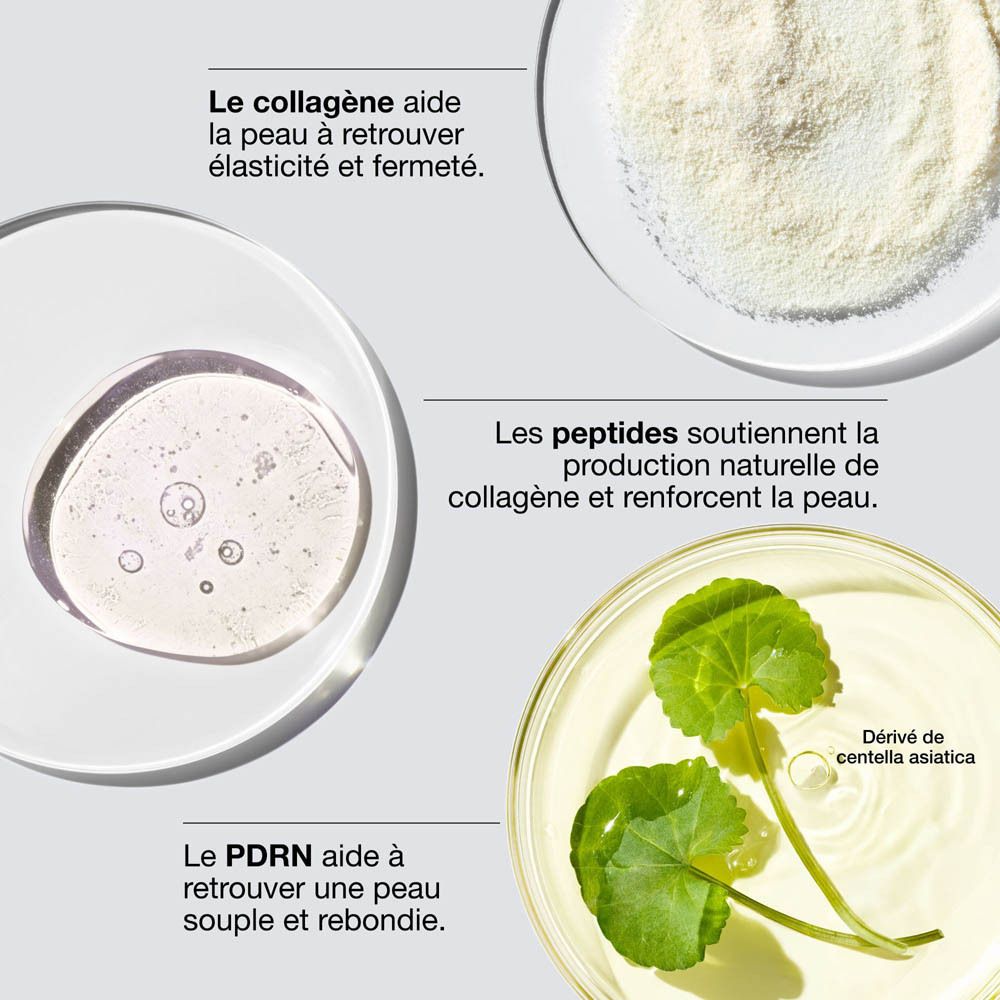 Représentation abstraite de molécules expliquant le rôle du collagène dans la réparation et la fermeté de la peau.