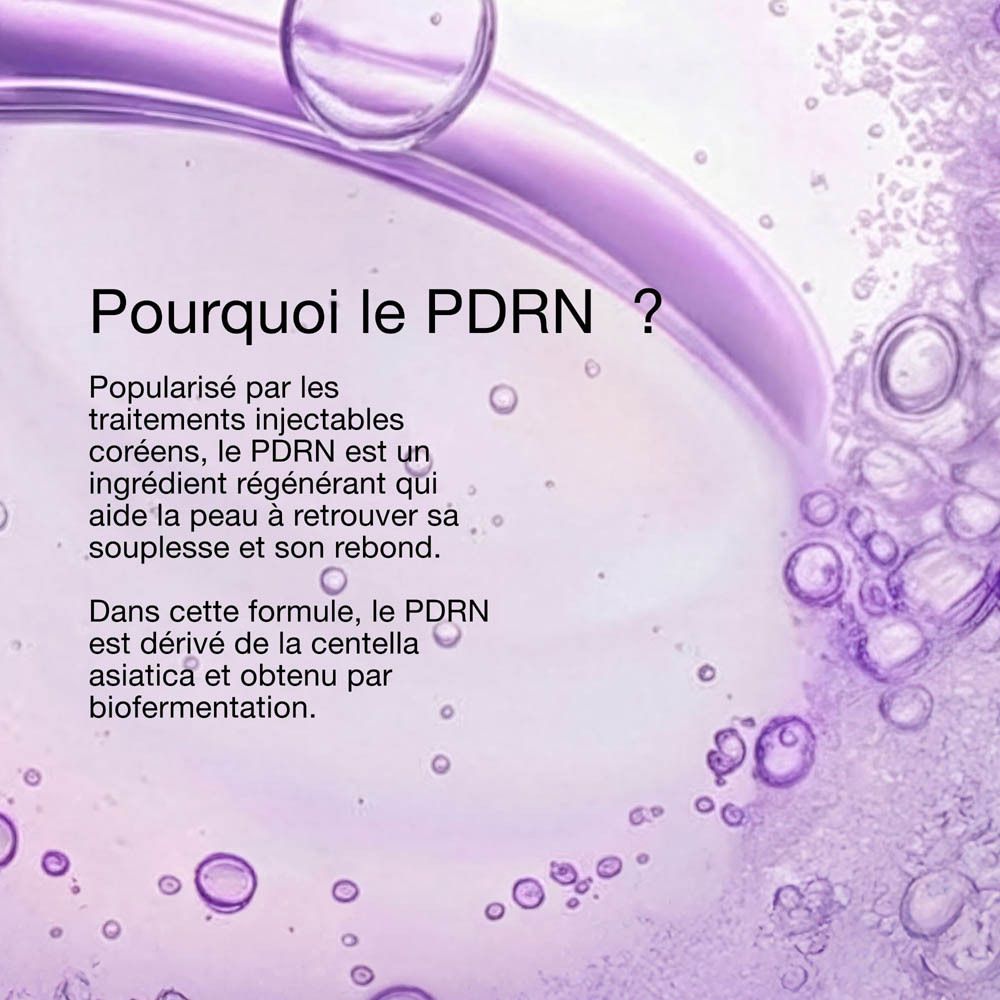 Texture liquide avec des bulles et des teintes violettes expliquant les soins de la peau.