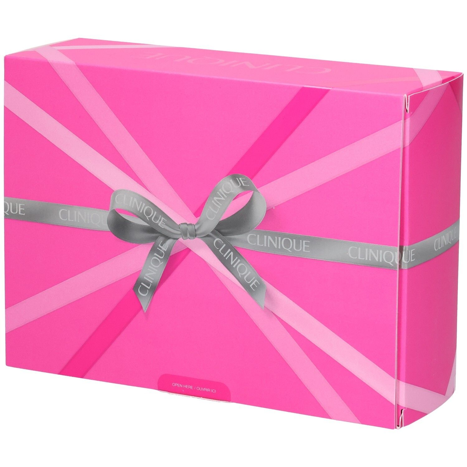 Boîte cadeau Clinique avec motif rose et ruban gris.