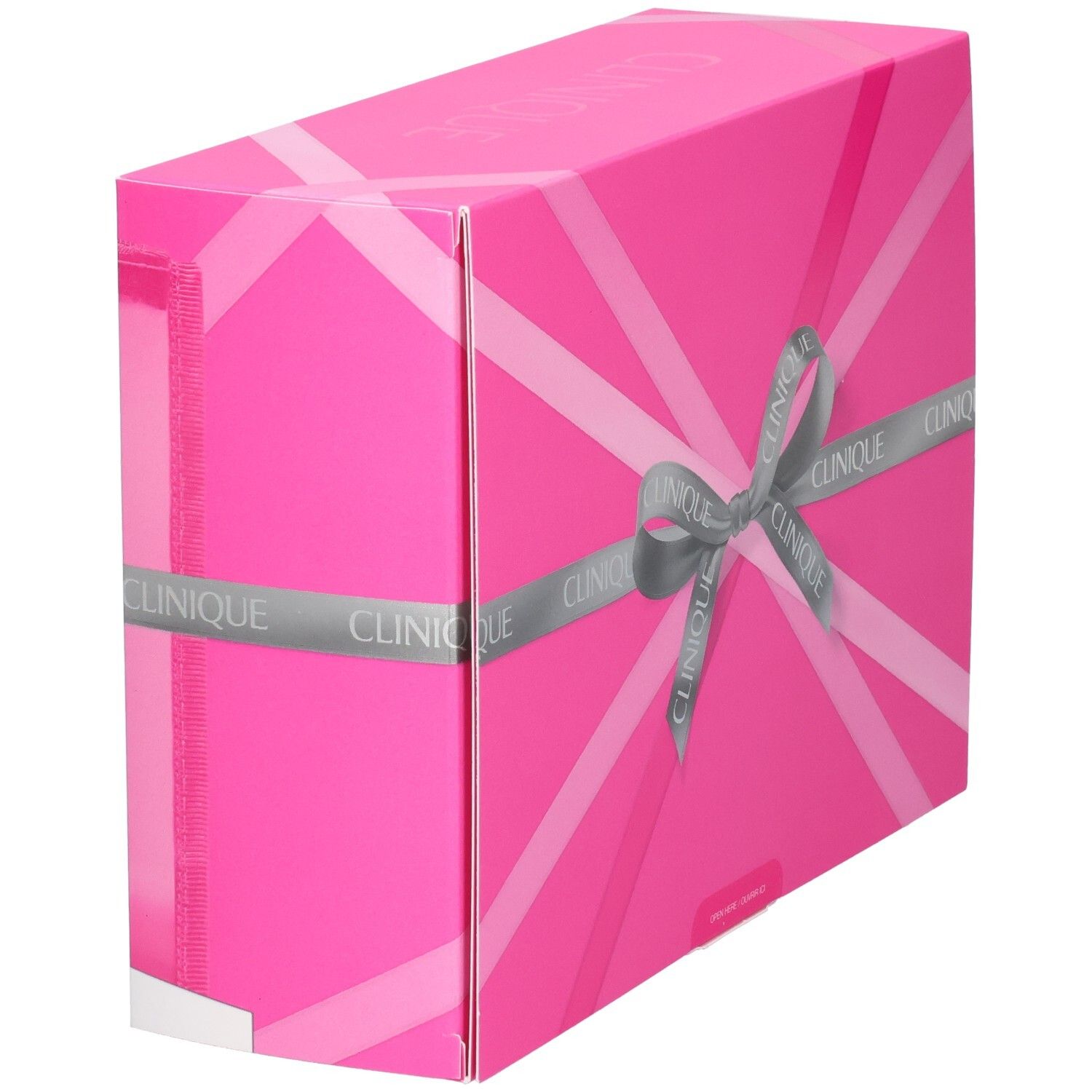 Boîte cadeau Clinique, vue latérale, motif rose, ruban gris.