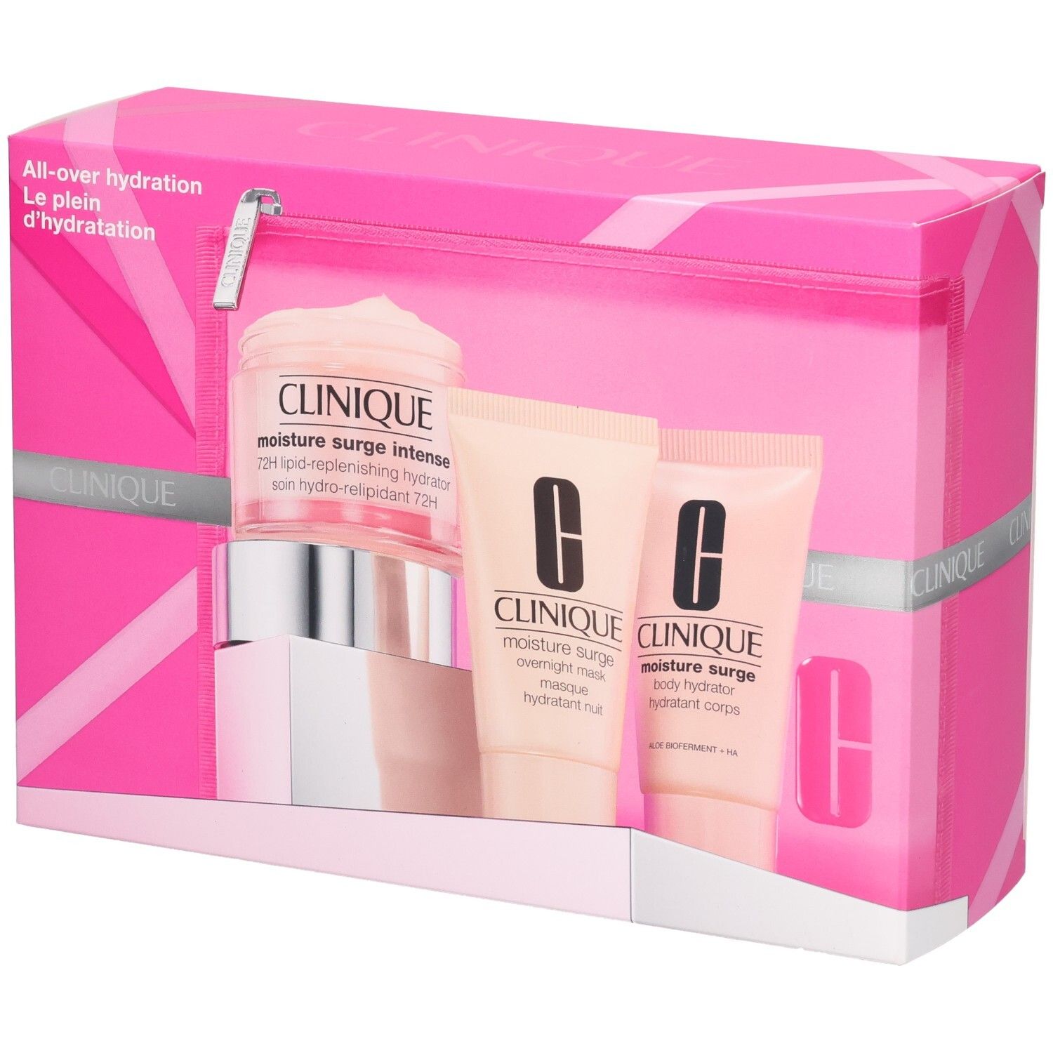 Boîte cadeau Clinique ouverte avec crème hydratante et deux tubes.