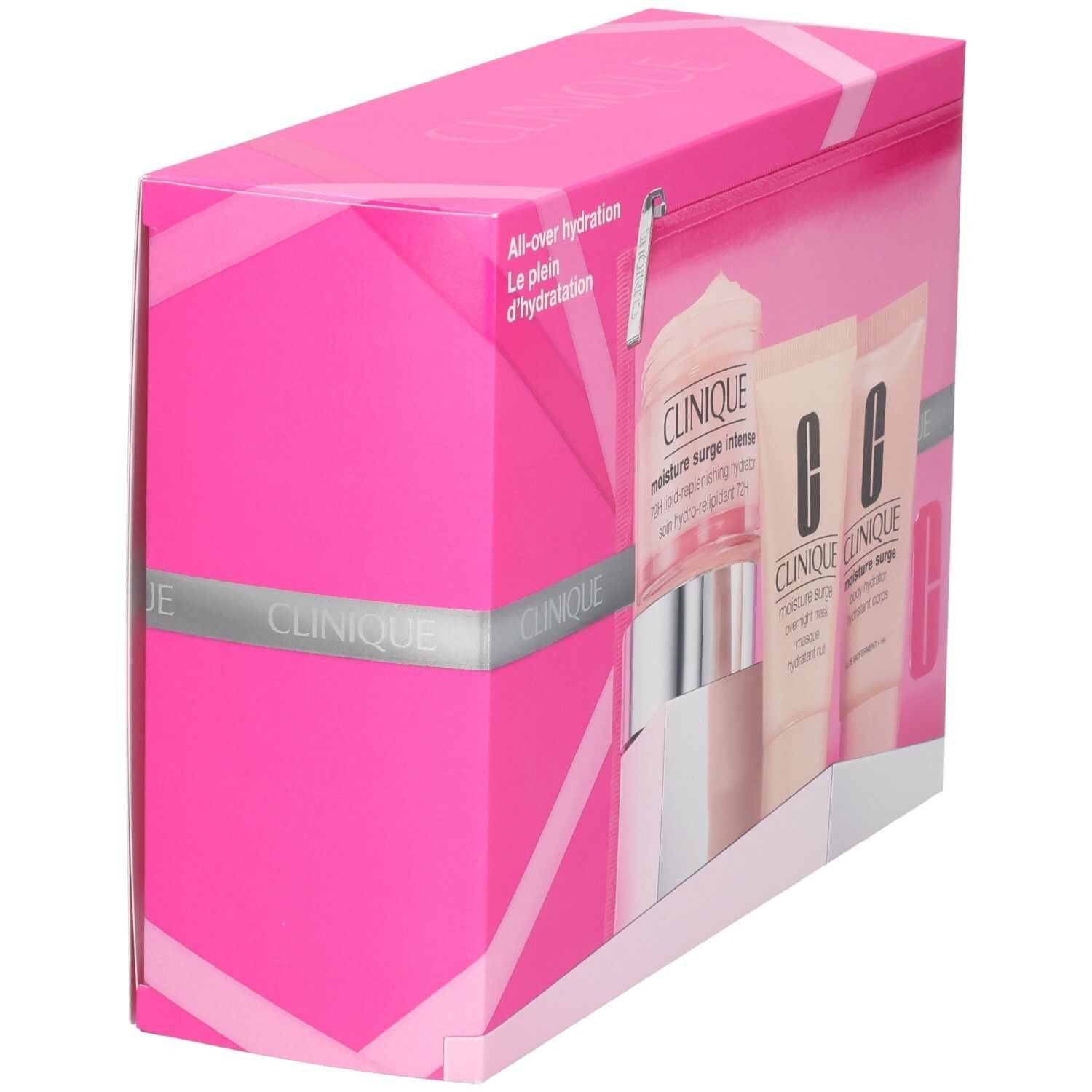Boîte cadeau Clinique avec produits de soin, vue latérale.