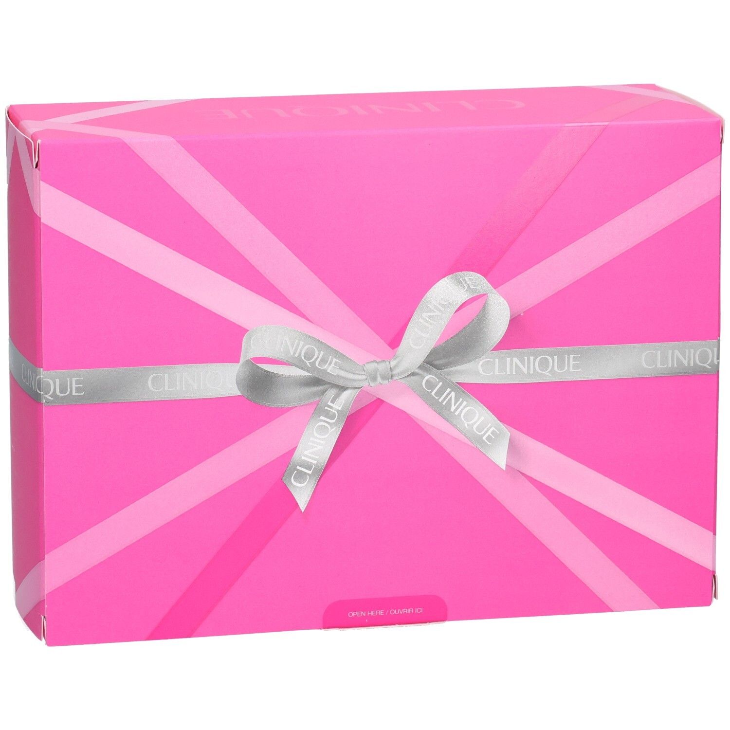 Boîte cadeau Clinique avec motif rose et ruban gris, vue de face.