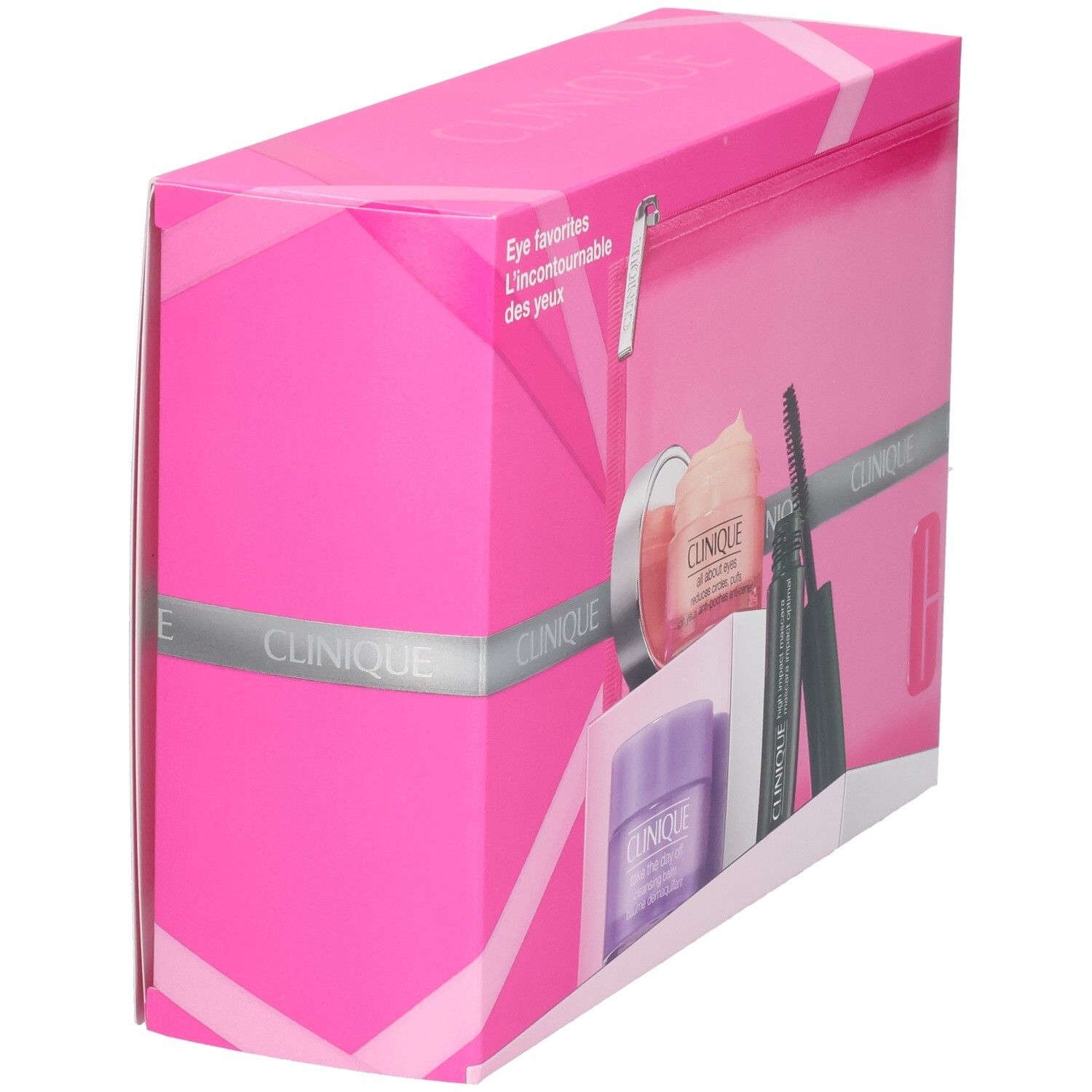 Boîte cadeau rose avec ruban, nœud et produits cosmétiques visibles.