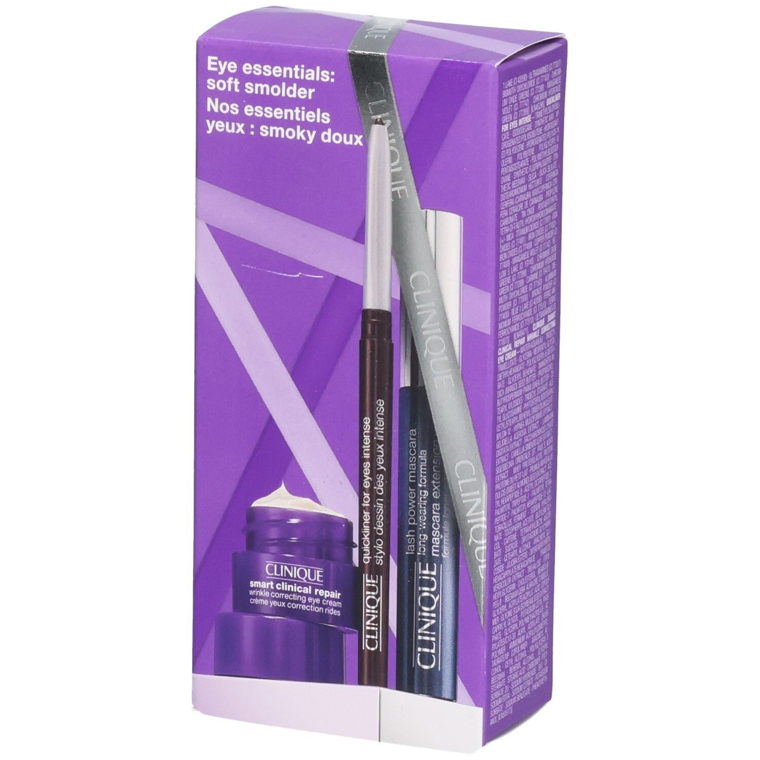 Set Clinique Eye Essentials : crème pour les yeux, crayon et mascara dans un emballage violet.