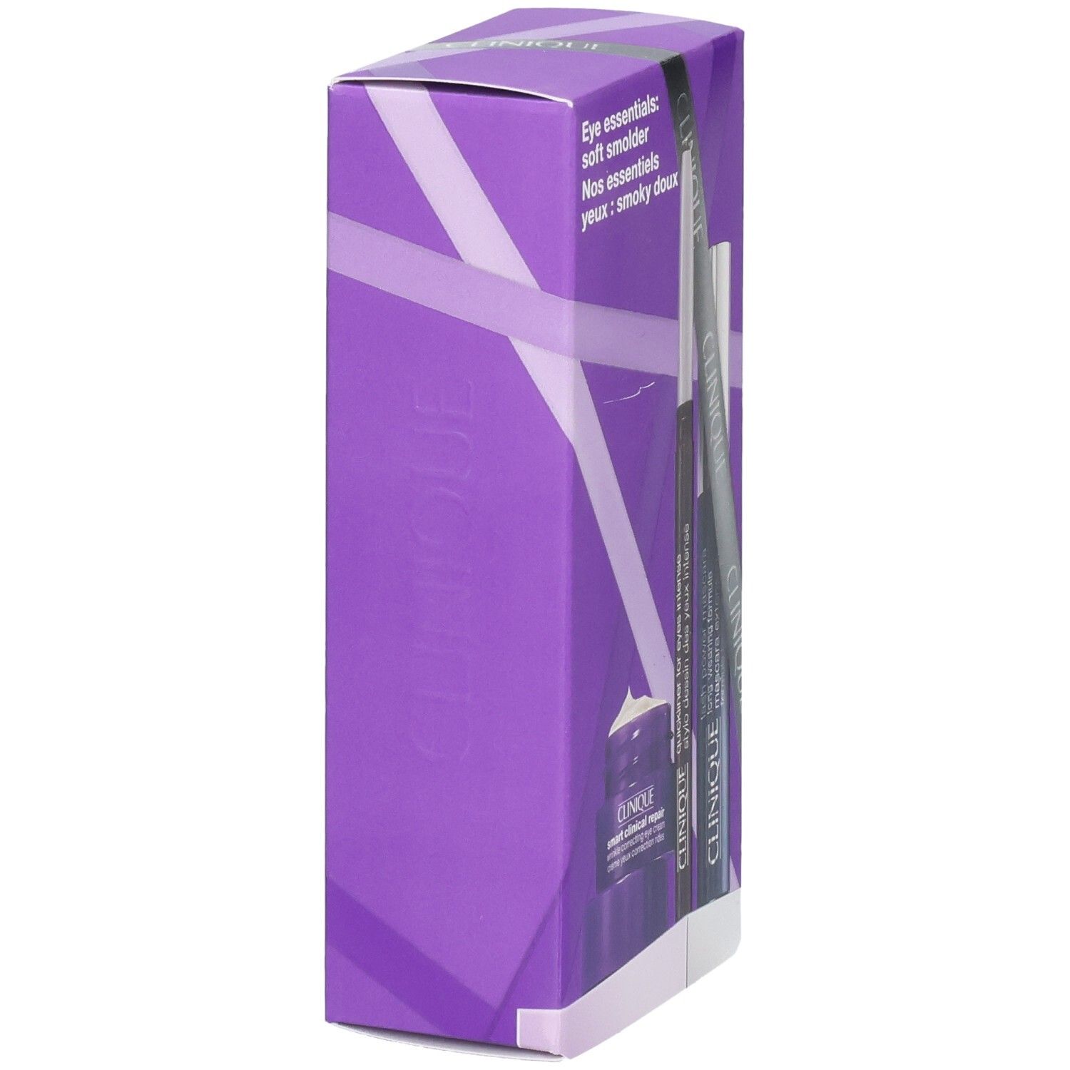 Côté d'un set Clinique Eye Essentials, emballage violet avec illustrations de produits.