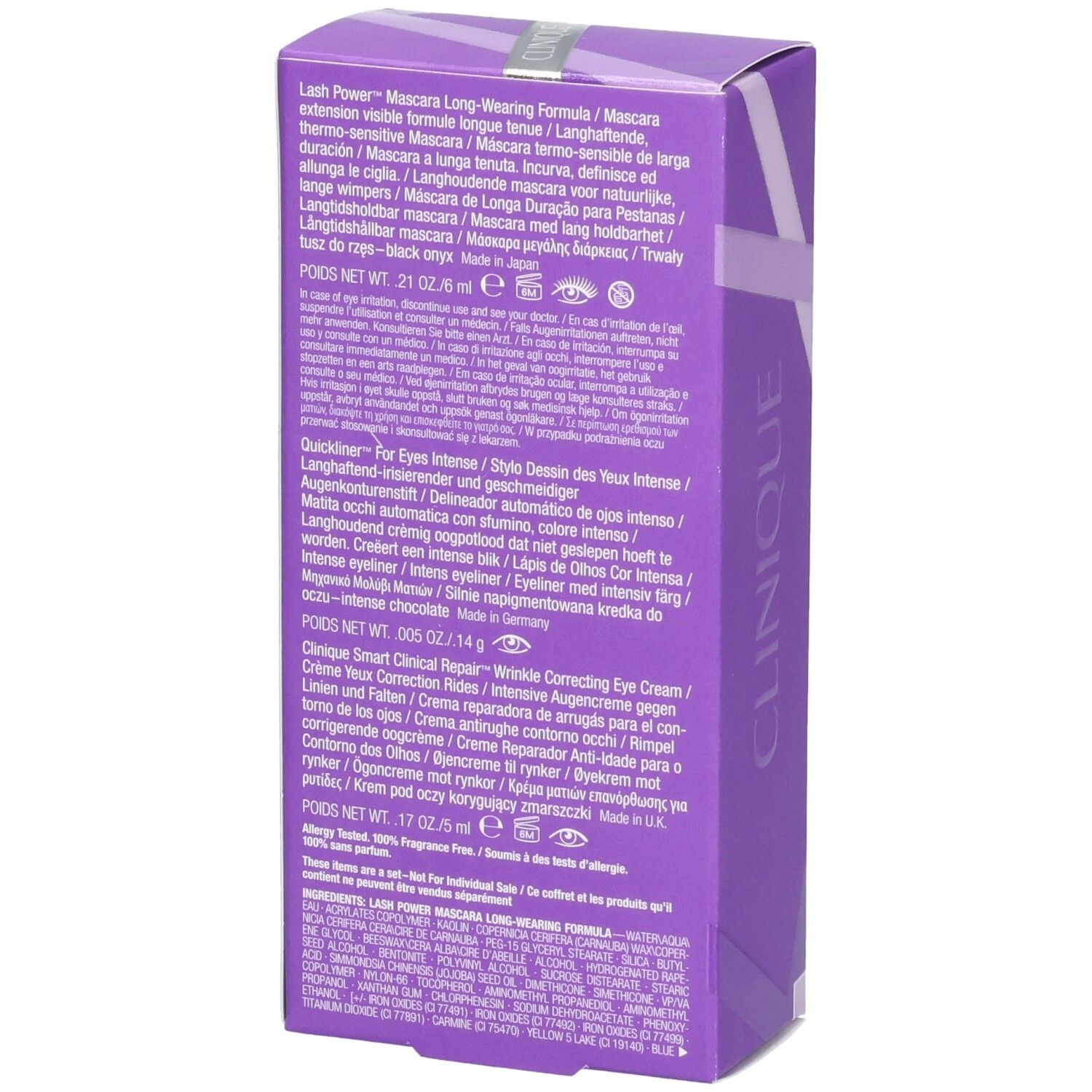 Arrière d'un set Clinique Eye Essentials avec informations produit et liste des ingrédients.