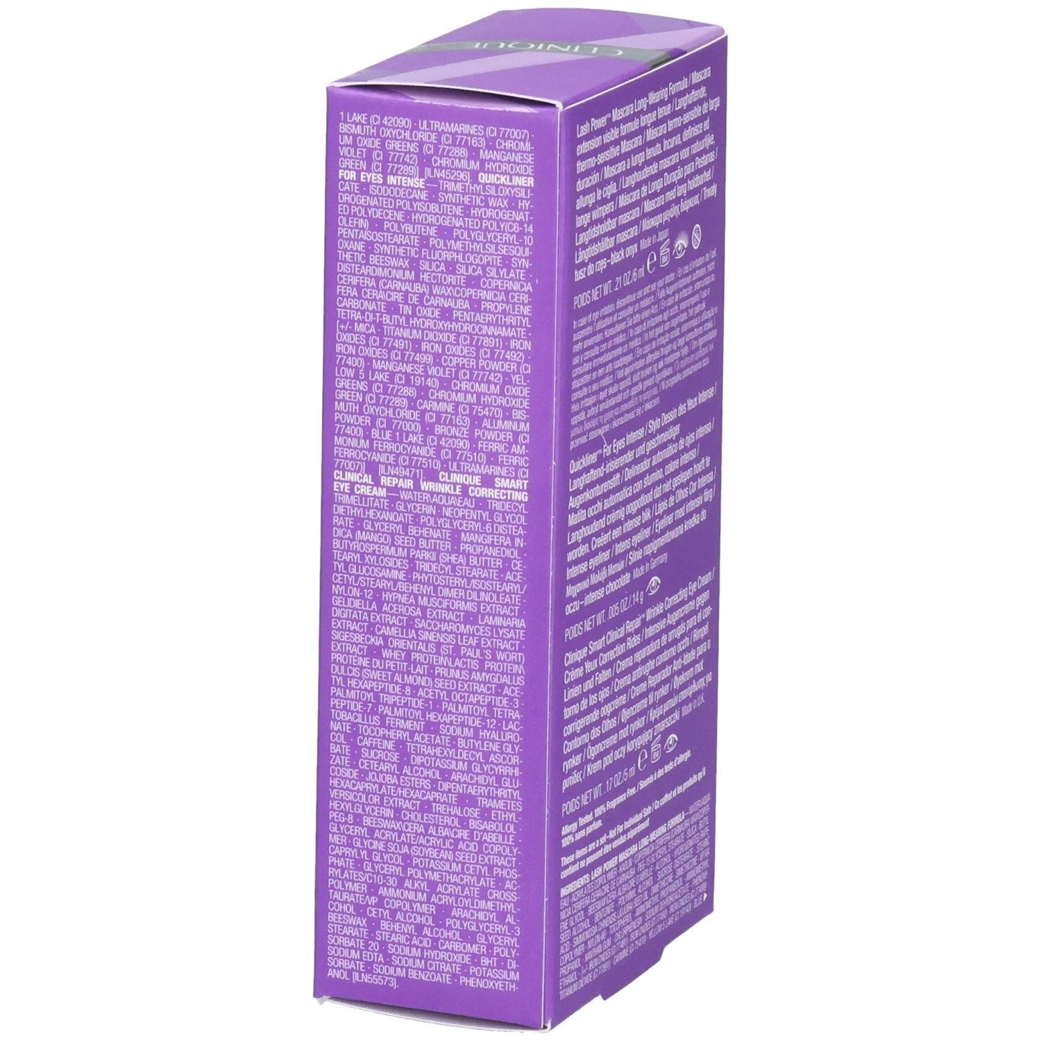 Côté d'un set Clinique Eye Essentials avec informations détaillées sur les produits.